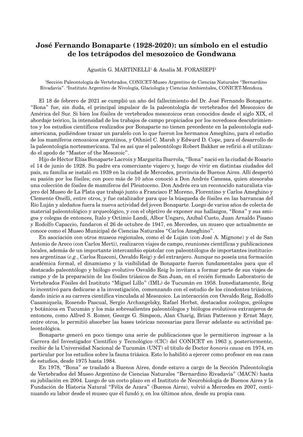 José Fernando Bonaparte (1928-2020): Un Símbolo En El Estudio De Los Tetrápodos Del Mesozoico De Gondwana