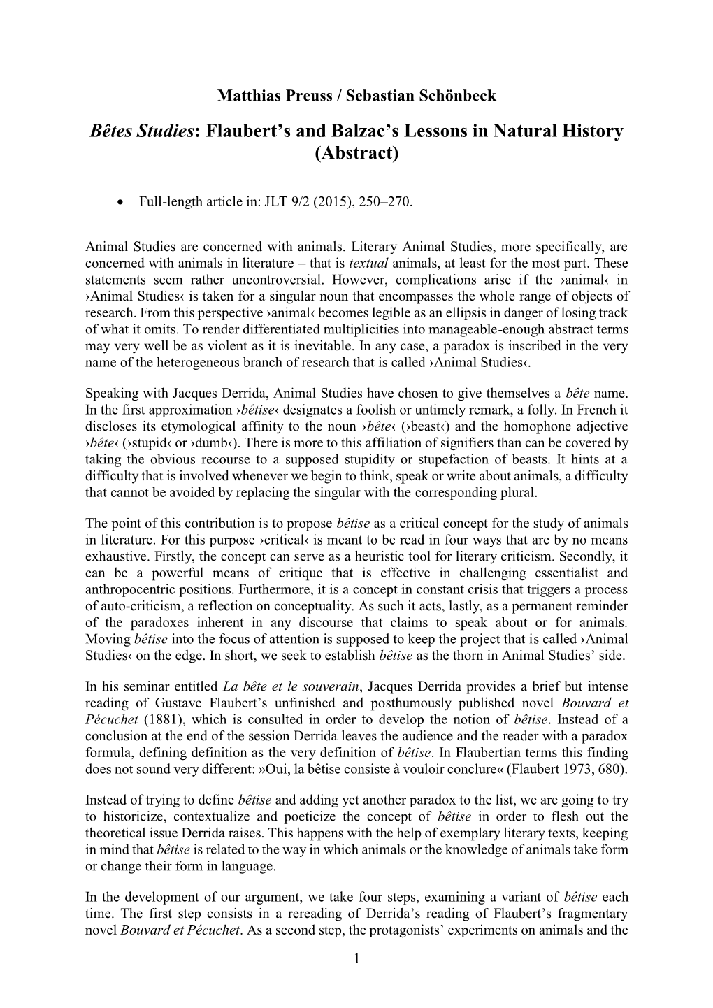 Bêtes Studies: Flaubert's and Balzac's Lessons in Natural History (Abstract)