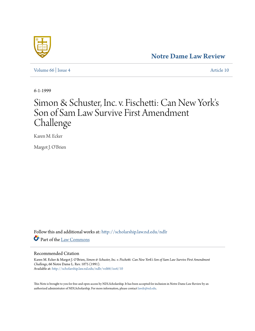 Simon & Schuster, Inc. V. Fischetti: Can New York's Son of Sam Law