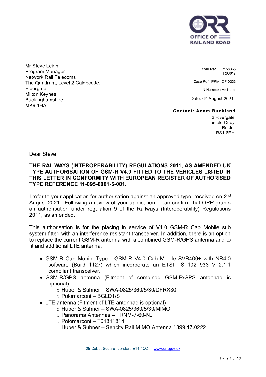 Authorisation Letter for GSM-R V4.0 Type Authorisation R00017