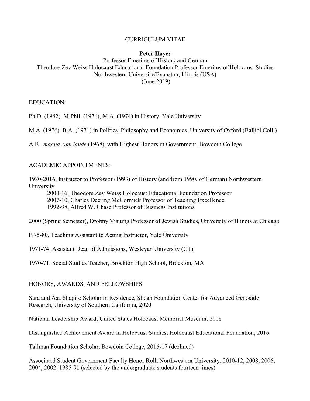 CURRICULUM VITAE Peter Hayes Professor Emeritus Of