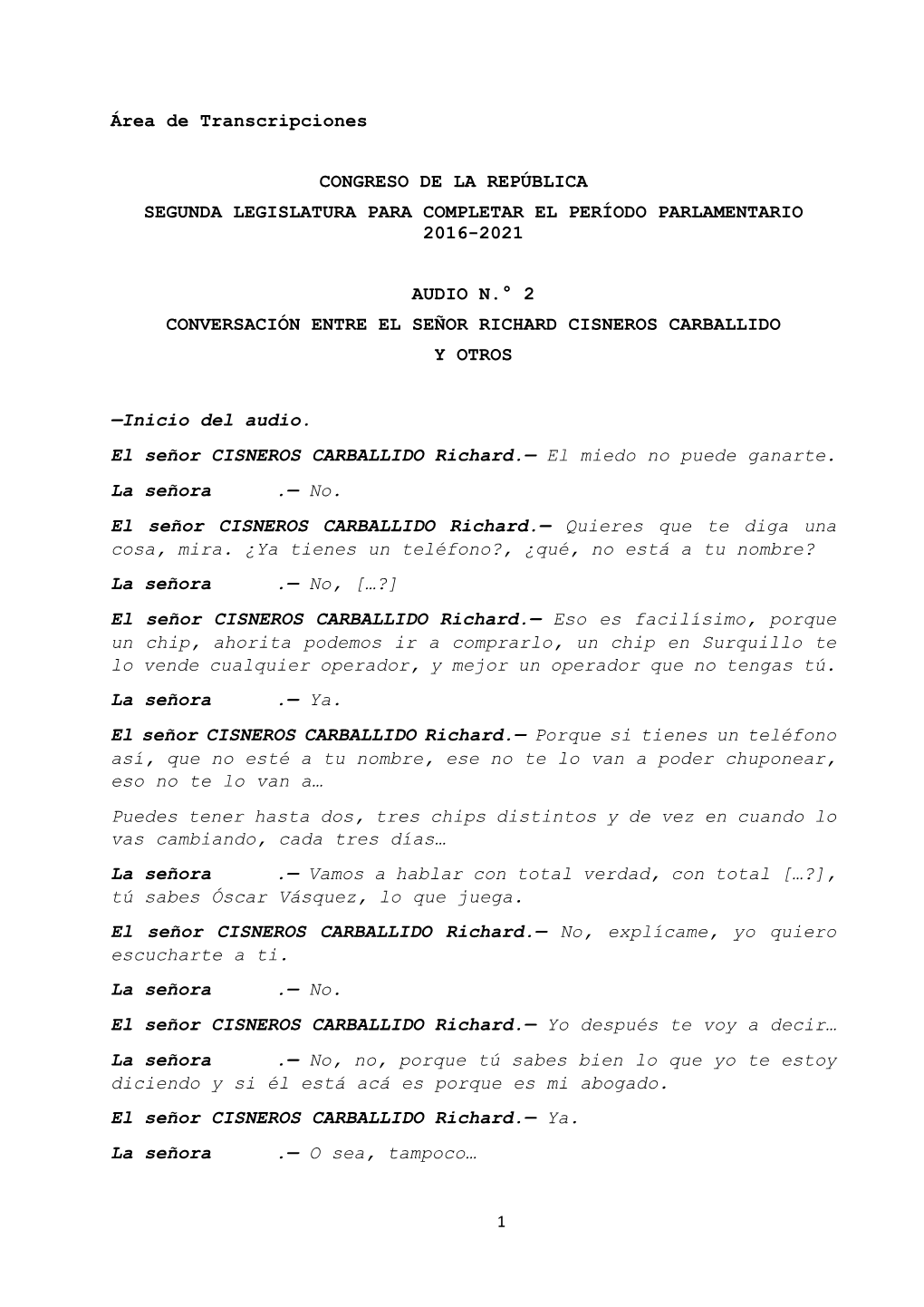 Área De Transcripciones CONGRESO DE LA REPÚBLICA SEGUNDA