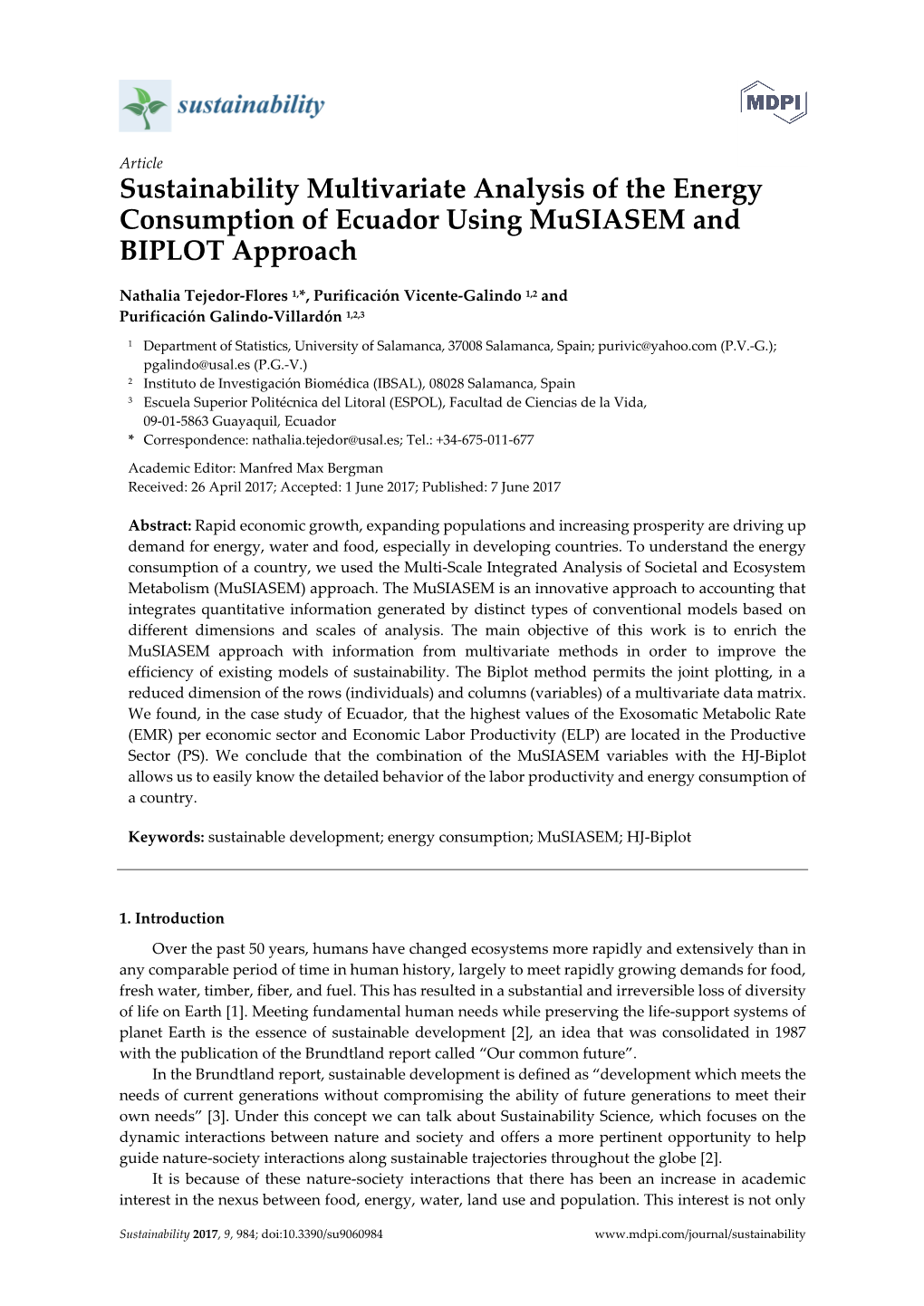 Sustainability Multivariate Analysis of the Energy Consumption of Ecuador Using Musiasem and BIPLOT Approach