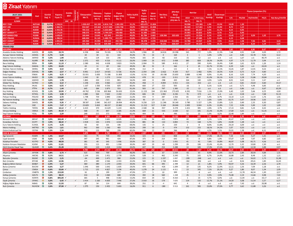 28.07.2021 USD 2019 S.Dört Çey. F/K PD/DD FD/FAVÖK PD/S Net