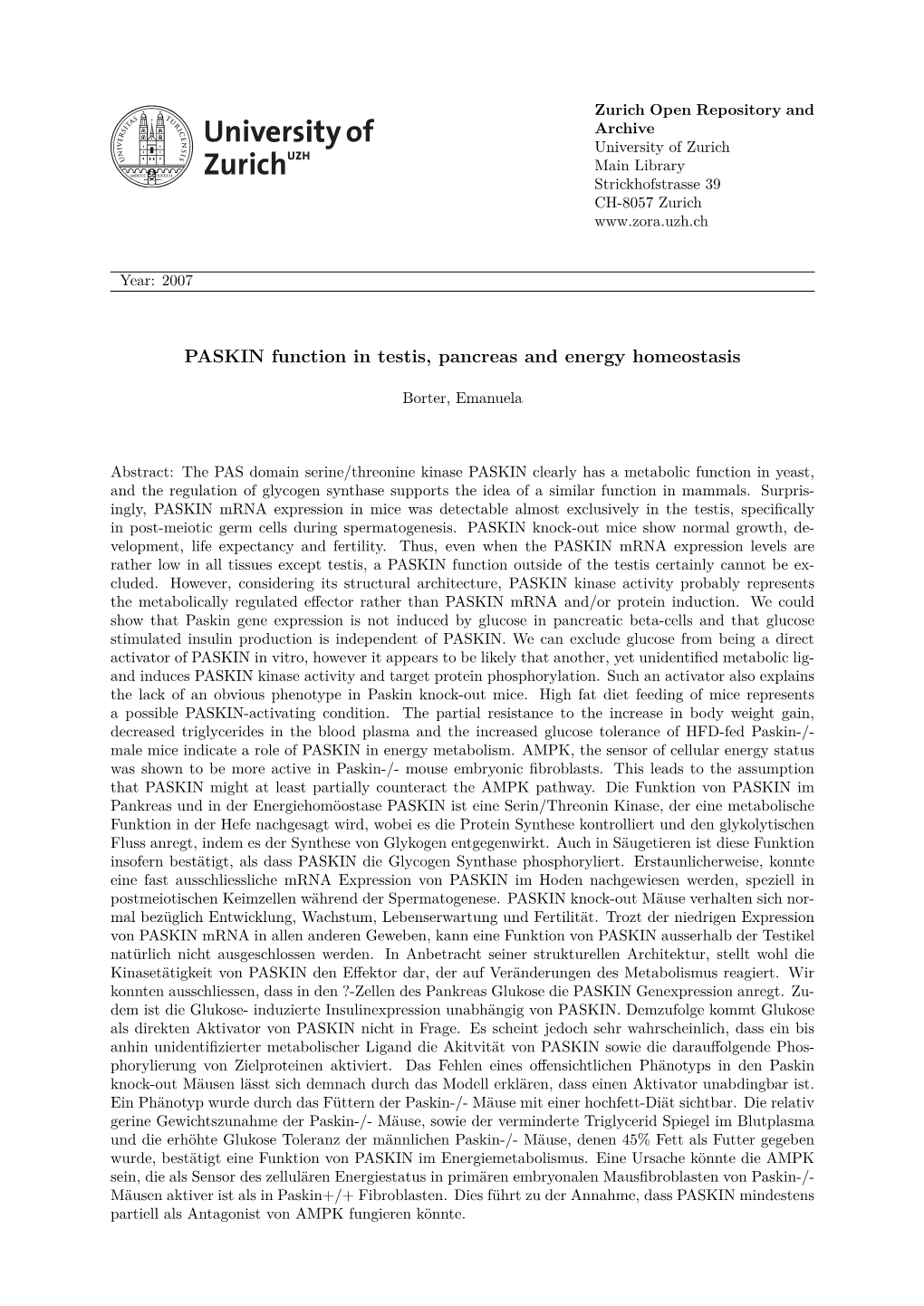 'PASKIN Function in Testis, Pancreas and Energy Homeostasis'