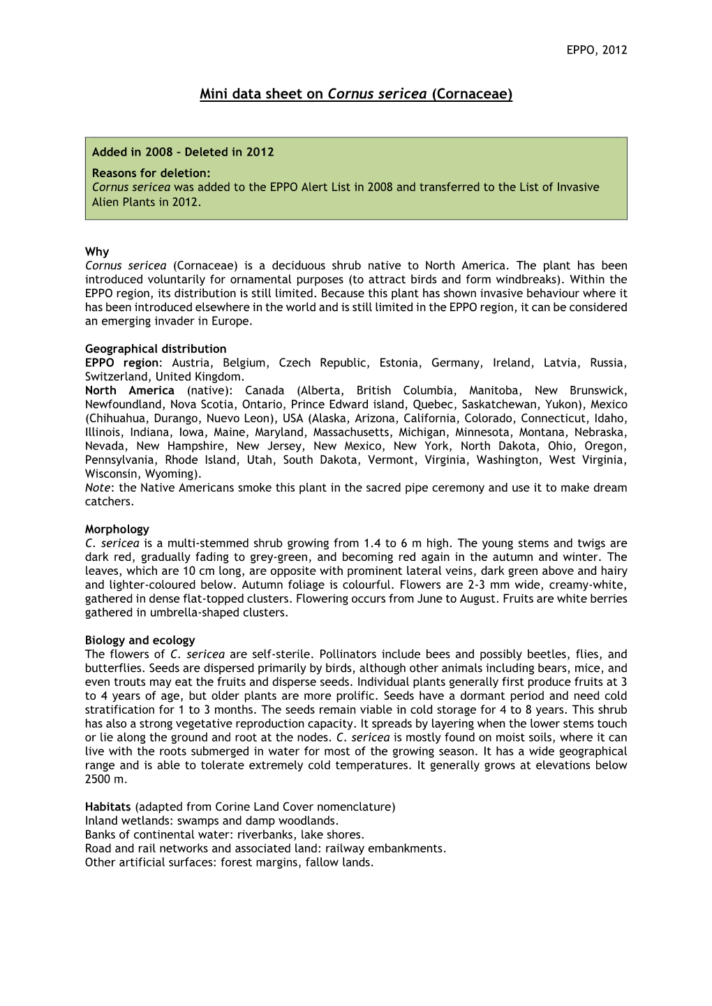 Mini Data Sheet on Cornus Sericea (Cornaceae)