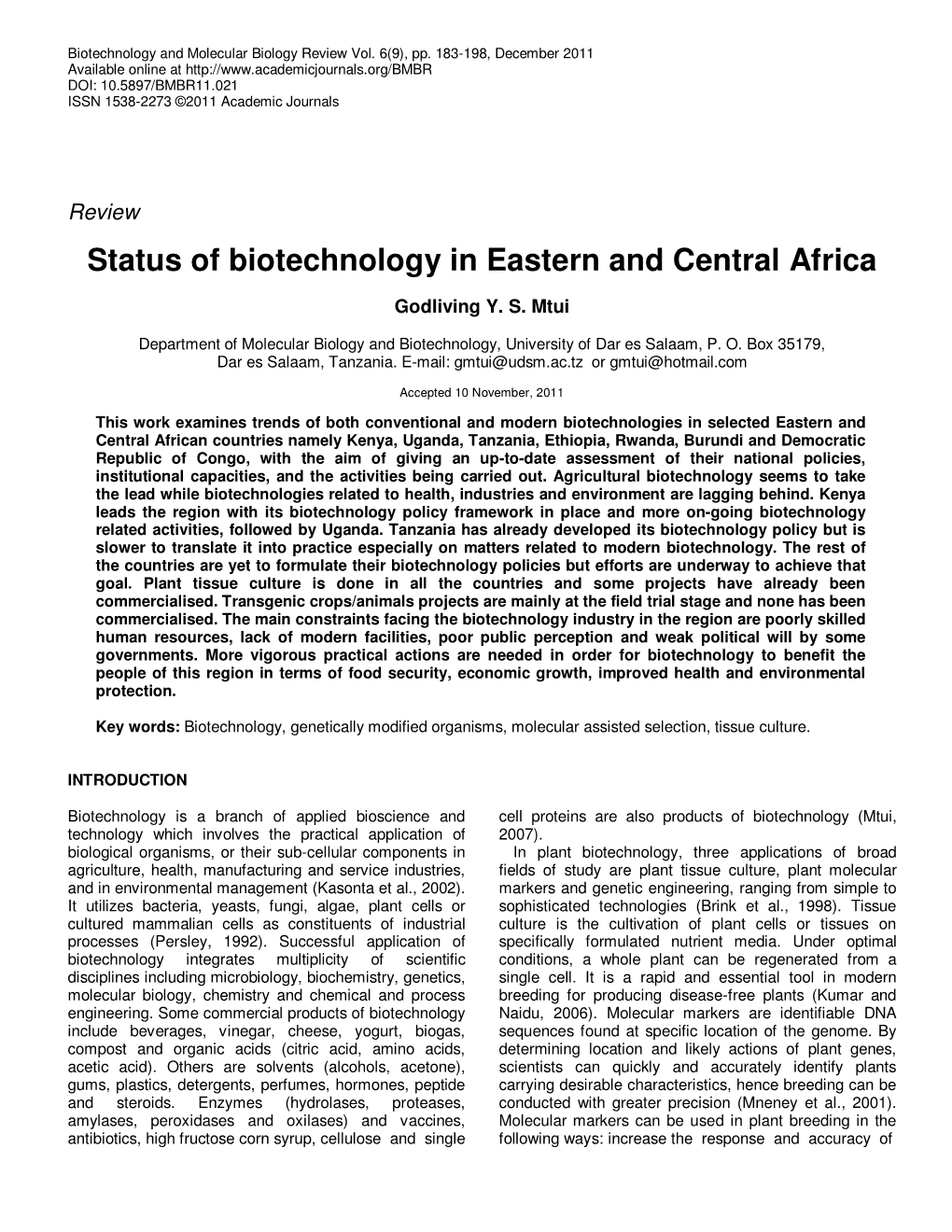 Status of Biotechnology in Eastern and Central Africa
