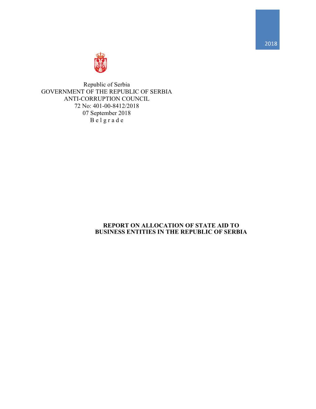Report on Allocation of State Aid to Business Entities in the Republic of Serbia