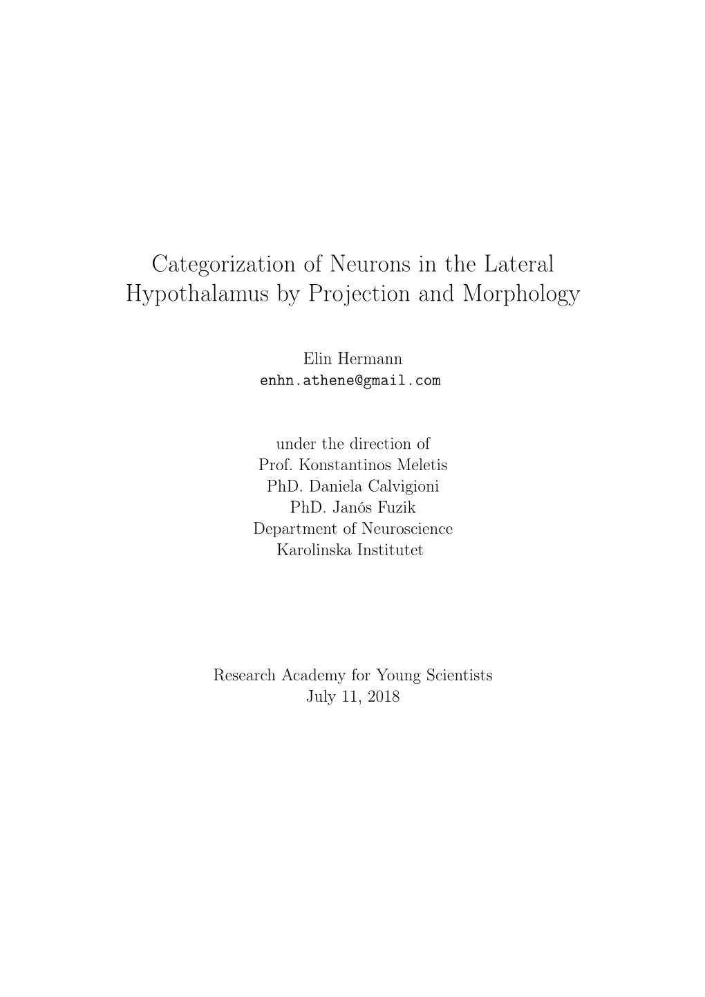 Categorization of Neurons in the Lateral Hypothalamus by Projection and Morphology