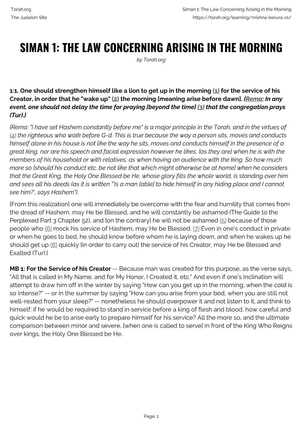 Siman 1: the Law Concerning Arising in the Morning the Judaism Site