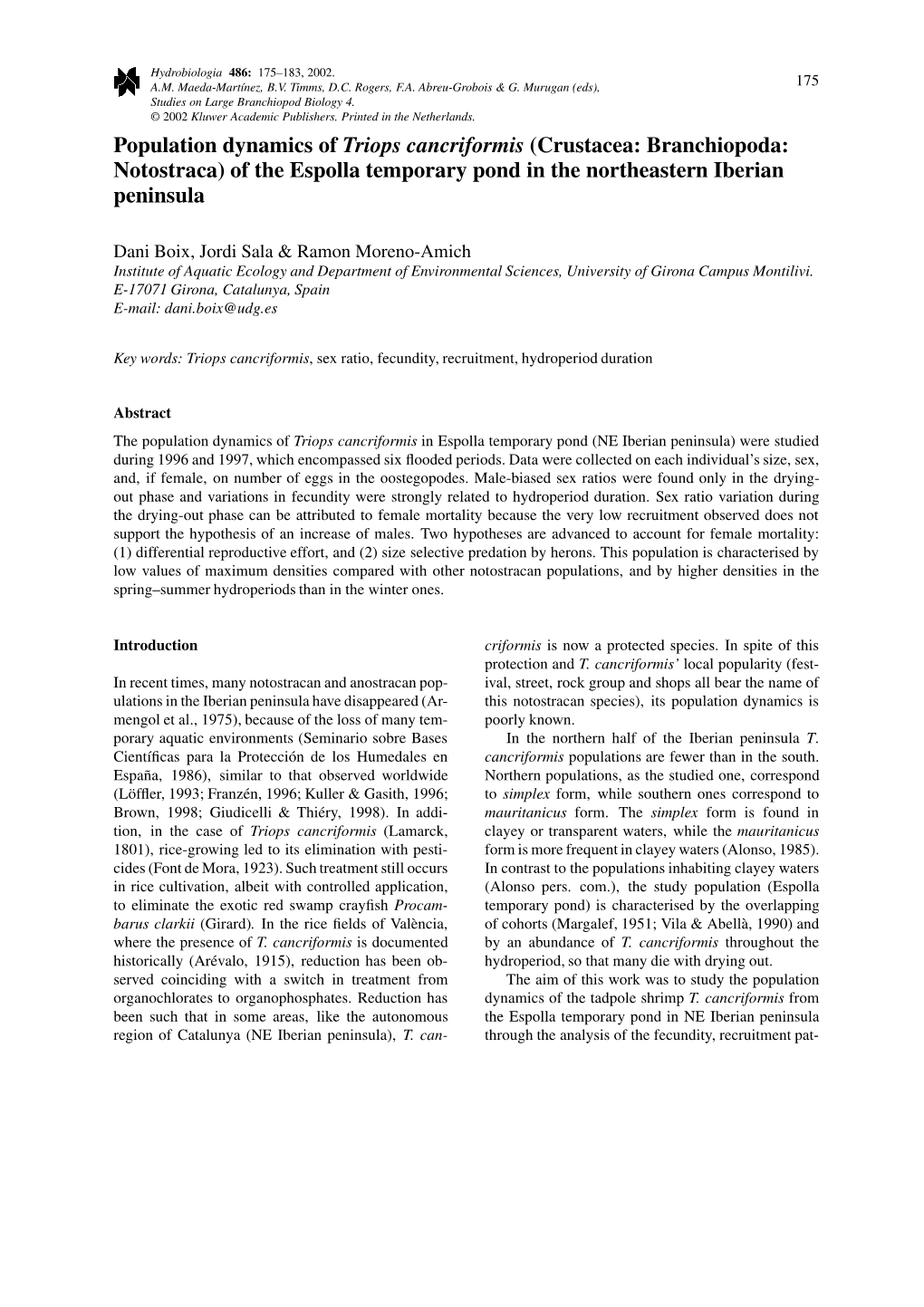 Crustacea: Branchiopoda: Notostraca) of the Espolla Temporary Pond in the Northeastern Iberian Peninsula