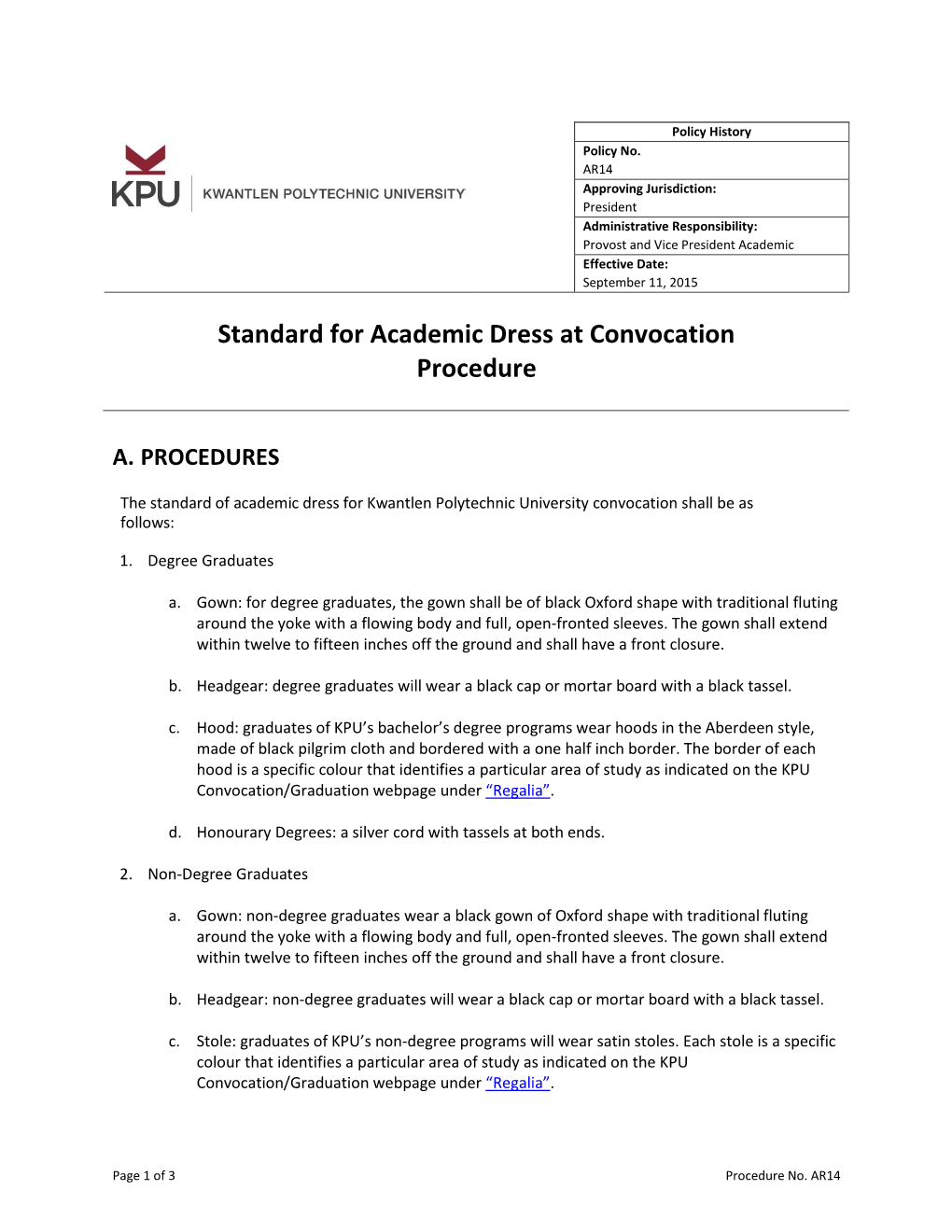 Standard for Academic Dress at Convocation Procedure