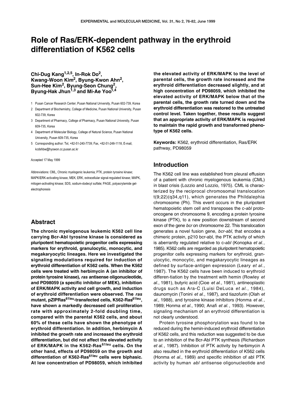 Role of Ras/ERK-Dependent Pathway in the Erythroid Differentiation of K562 Cells