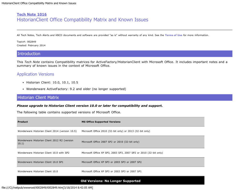 Historianclient Office Compatibility Matrix and Known Issues