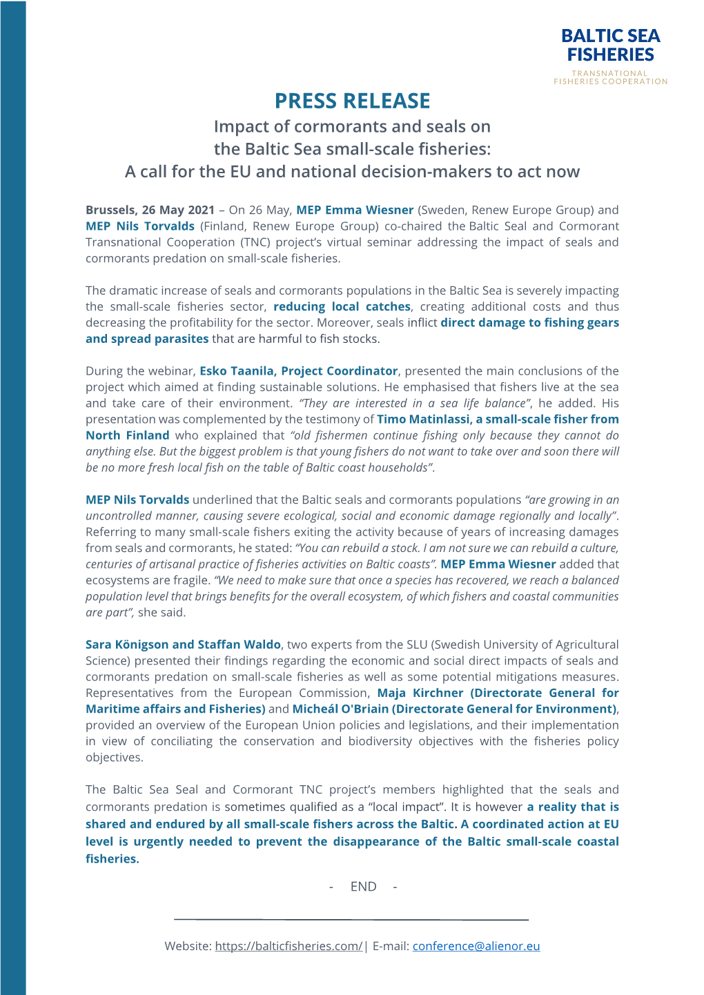 PRESS RELEASE Impact of Cormorants and Seals on the Baltic Sea Small-Scale Fisheries: a Call for the EU and National Decision-Makers to Act Now