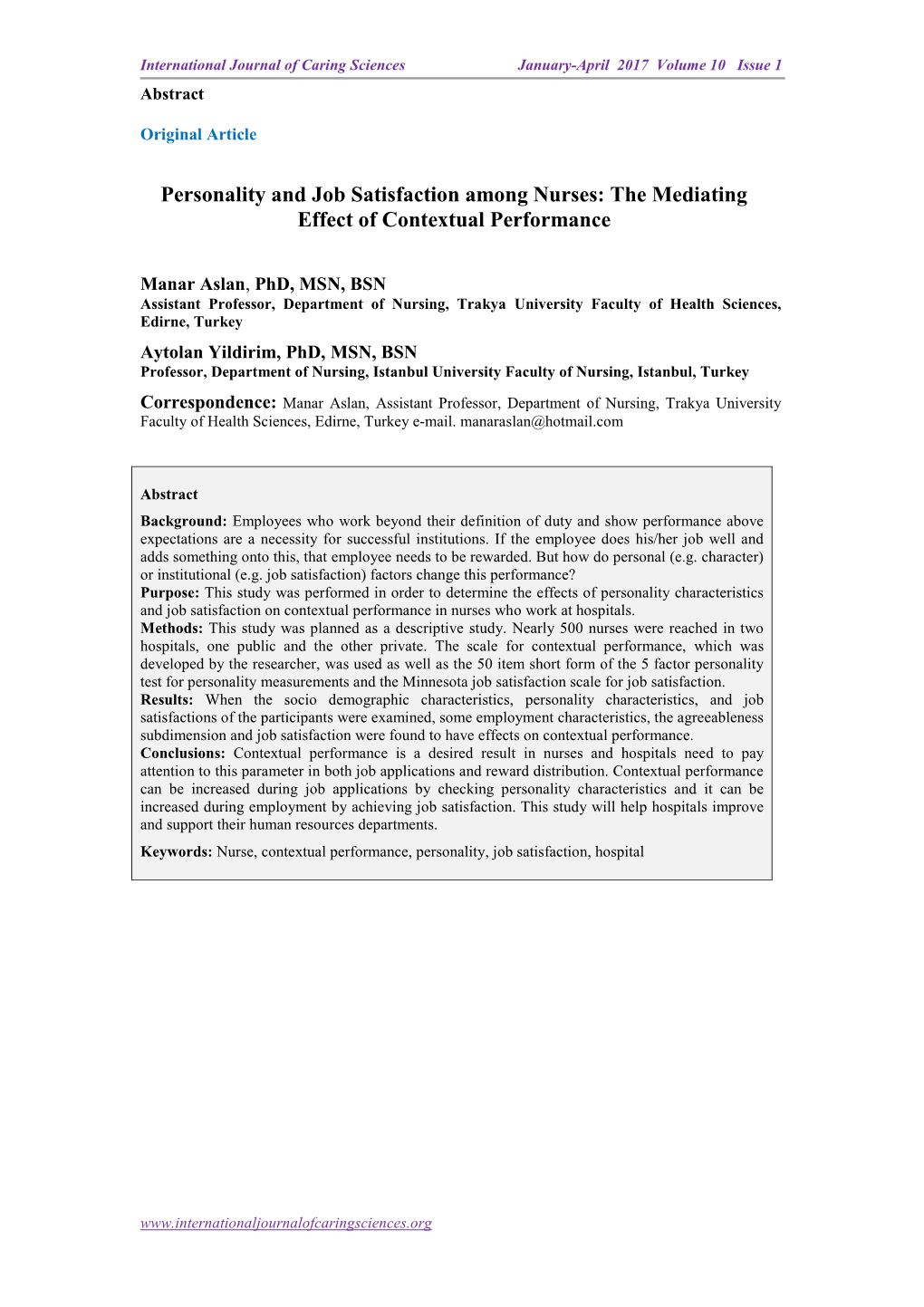 Personality and Job Satisfaction Among Nurses: the Mediating Effect of Contextual Performance