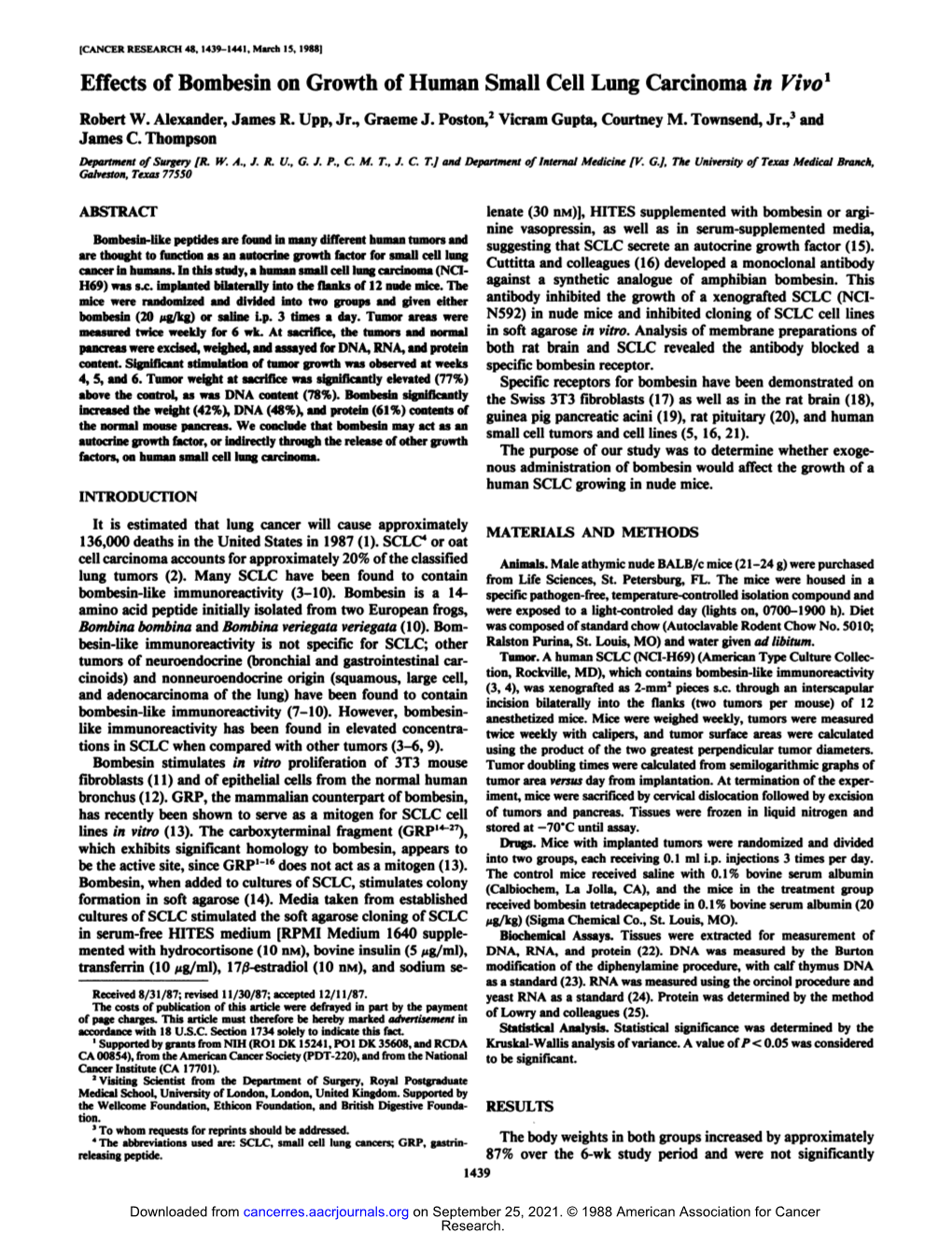 Effects of Bombesin on Growth of Human Small Cell Lung Carcinoma in Vivo1