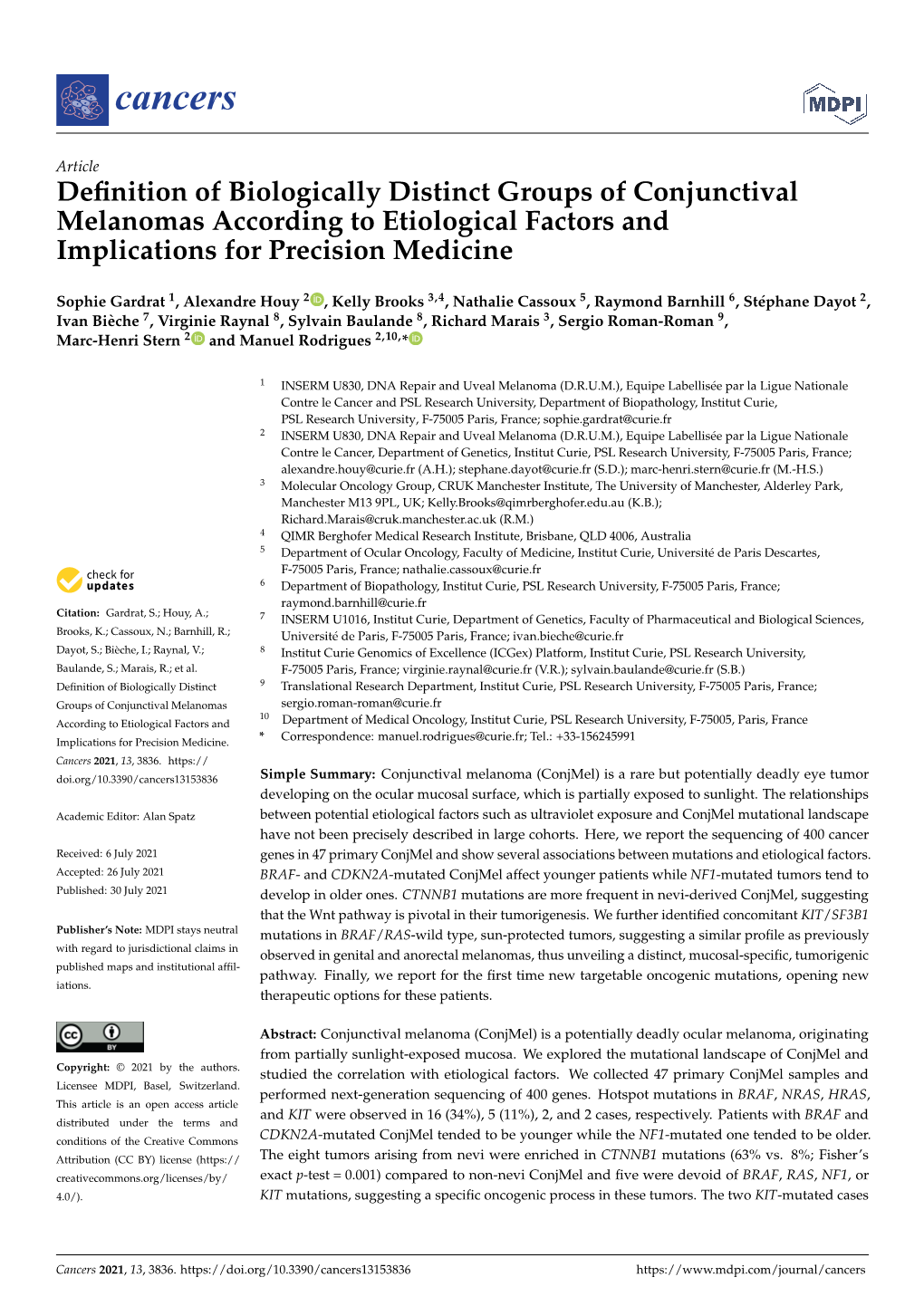 Definition of Biologically Distinct Groups of Conjunctival Melanomas According to Etiological Factors and Implications for Preci