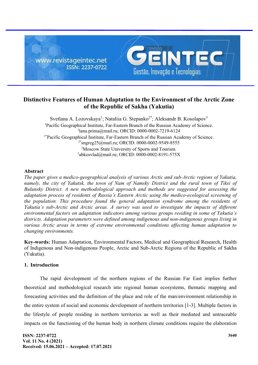 Distinctive Features of Human Adaptation to the Environment of the Arctic Zone of the Republic of Sakha (Yakutia)