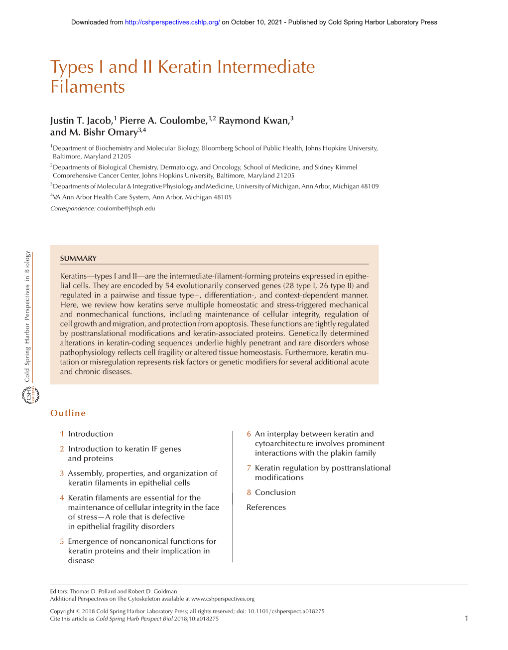 Types I and II Keratin Intermediate Filaments