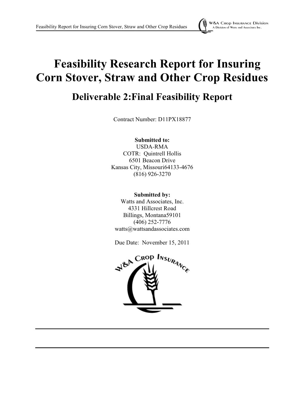 Feasibility Research Report for Insuring Corn Stover, Straw and Other Crop Residues
