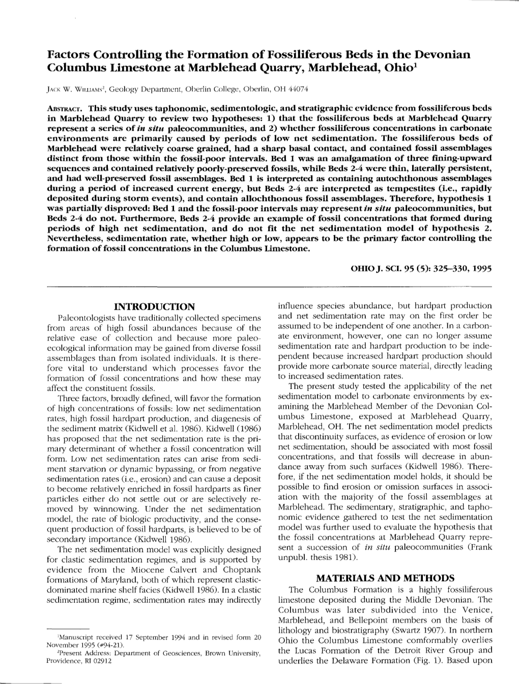 Factors Controlling the Formation of Fossiliferous Beds in the Devonian Columbus Limestone at Marblehead Quarry, Marblehead, Ohio1