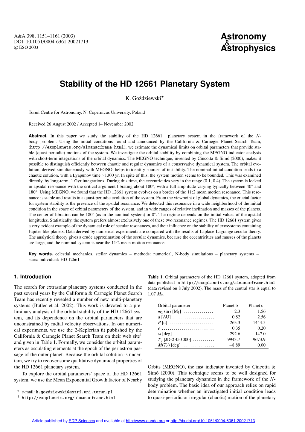 Stability of the HD 12661 Planetary System