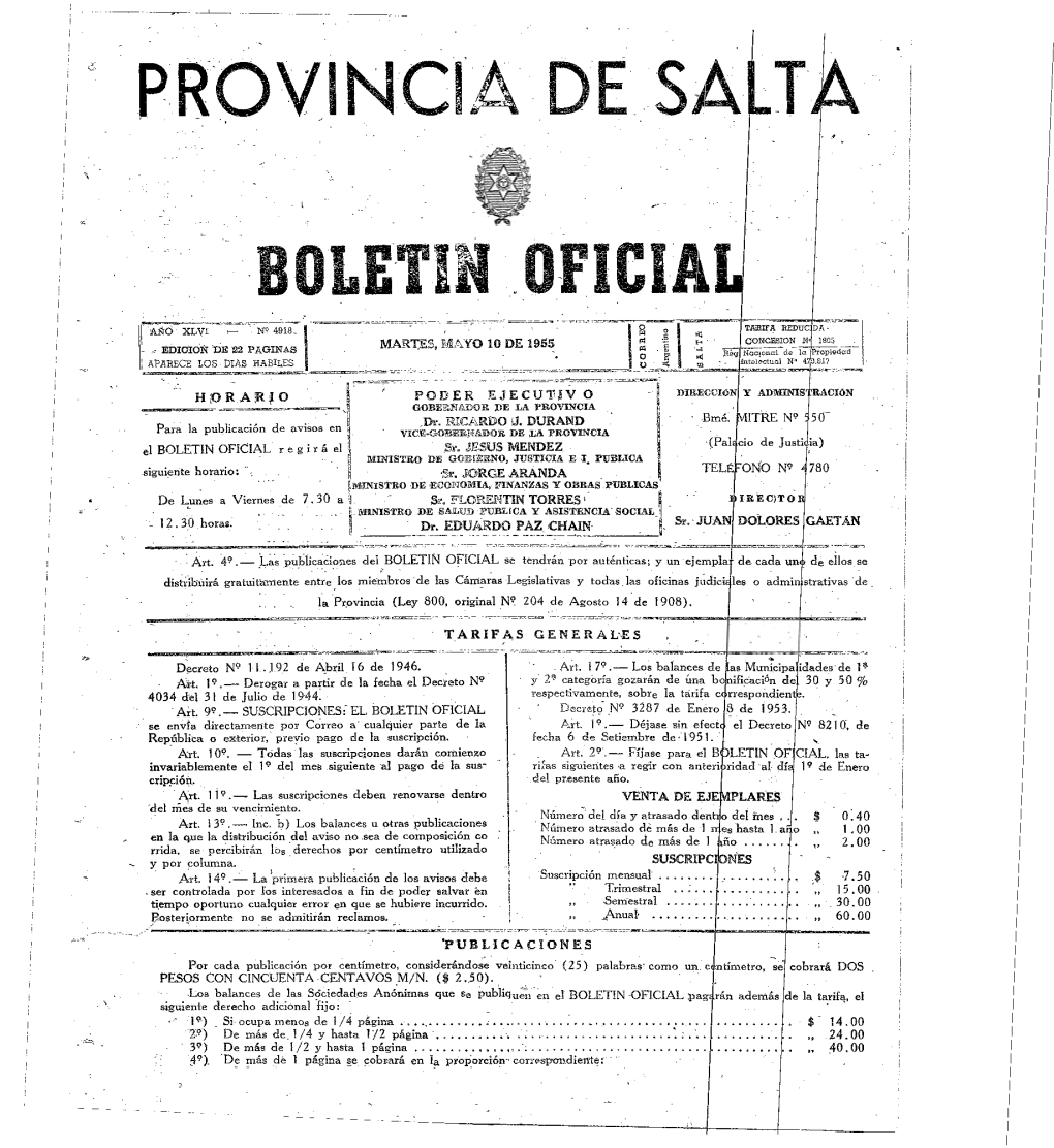 4918- M I I TARIFA REDUCIDA- MARTES, MAYO 10 DE 1955 "2 I a CONCESION > 18C5 •- ÉDIOIÓÑ ÍDE 22 PAGINAS & '• 0> | ; [Propiedad O Rég Nacional De La I APARECE LQS