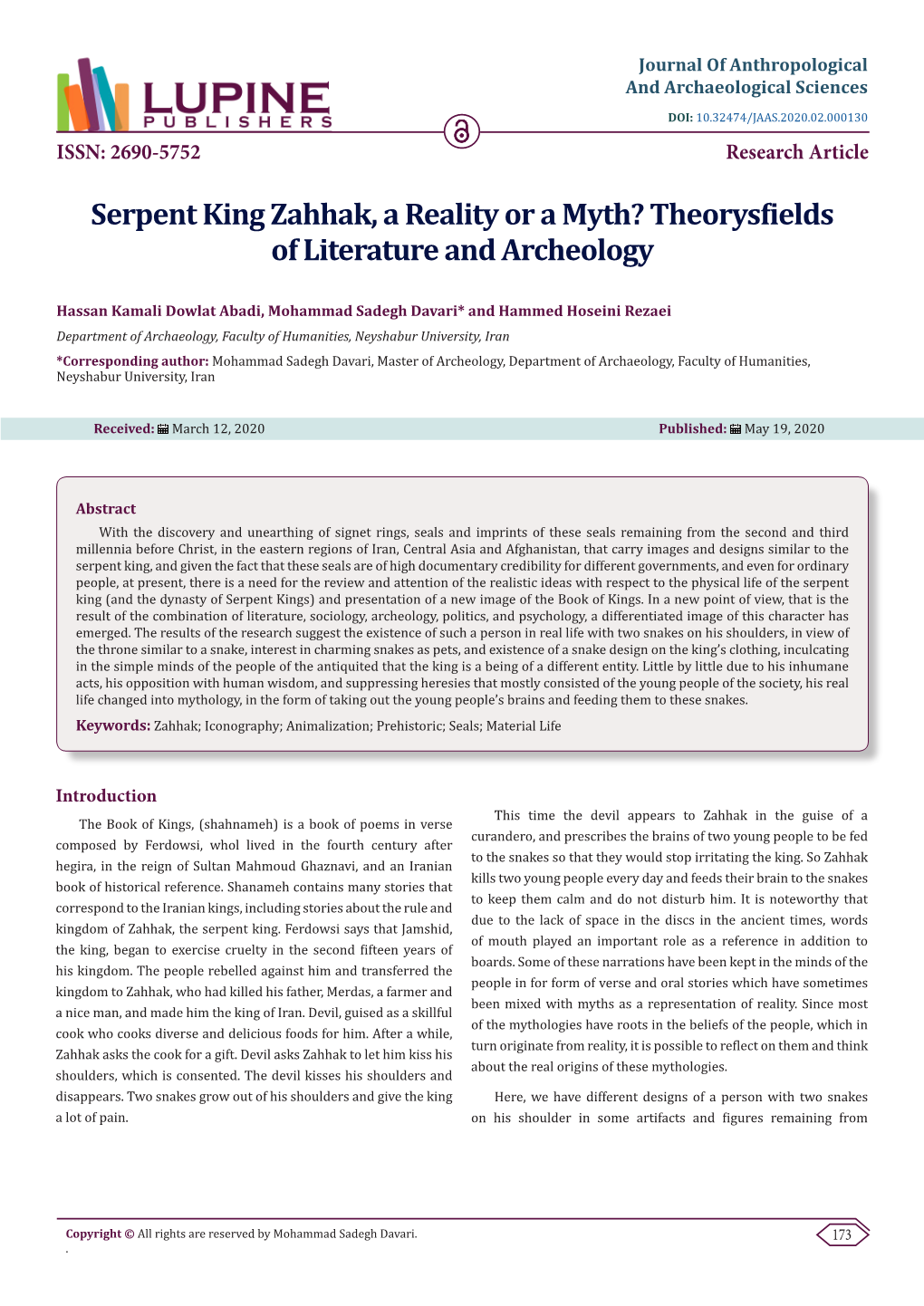 Serpent King Zahhak, a Reality Or a Myth? Theorysfields of Literature and Archeology