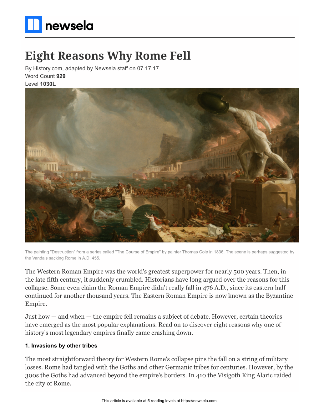 Eight Reasons Why Rome Fell by History.Com, Adapted by Newsela Staff on 07.17.17 Word Count 929 Level 1030L