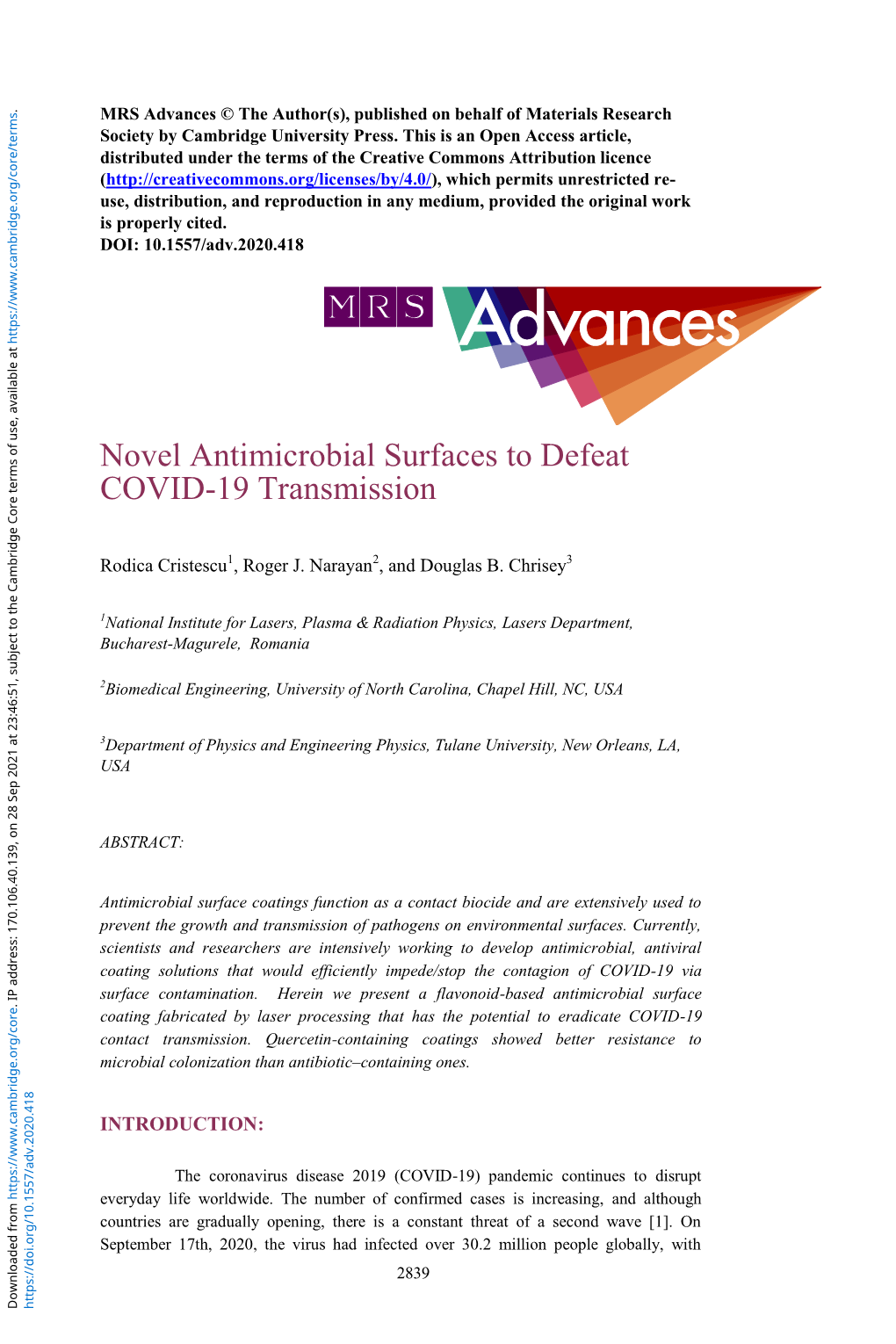 Novel Antimicrobial Surfaces to Defeat COVID-19 Transmission