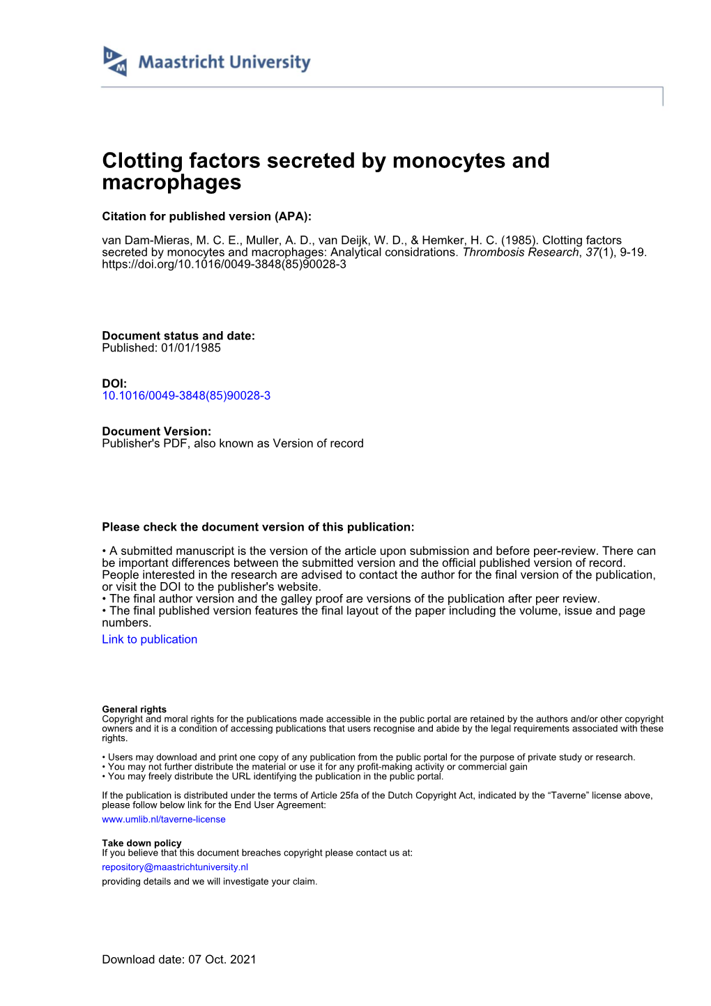 Clotting Factors Secreted by Monocytes and Macrophages