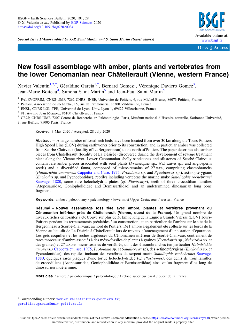 New Fossil Assemblage with Amber, Plants and Vertebrates from the Lower Cenomanian Near Châtellerault (Vienne, Western France)