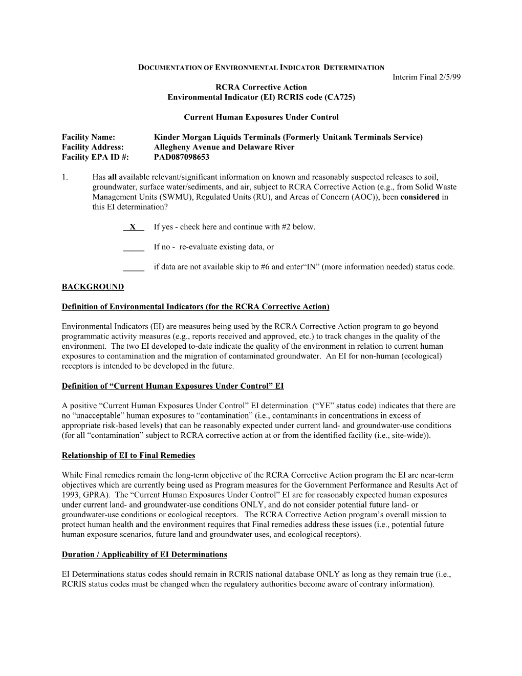 EPA Region 3 RCRA Corrective Action Environmental Indicator For