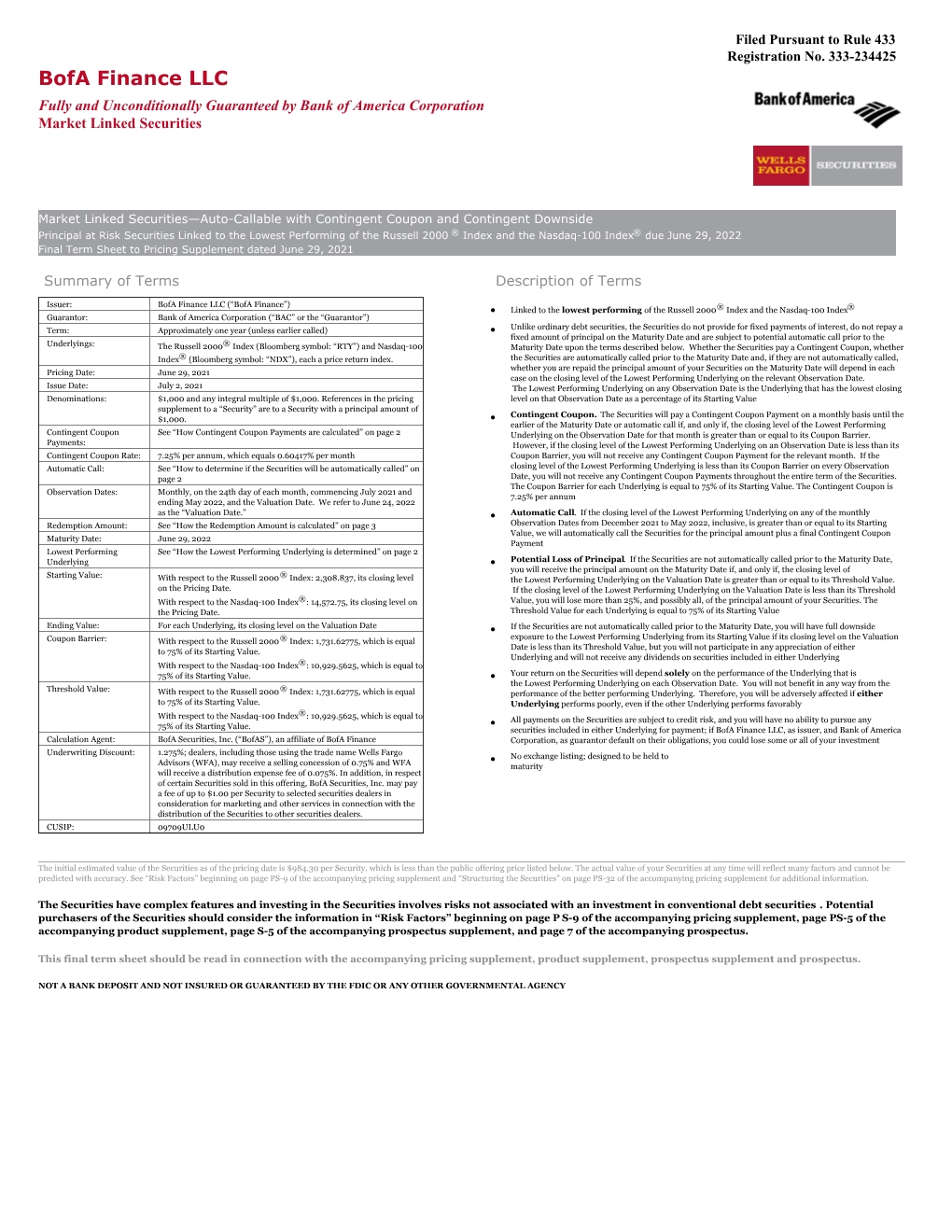 Bofa Finance LLC Fully and Unconditionally Guaranteed by Bank of America Corporation Market Linked Securities