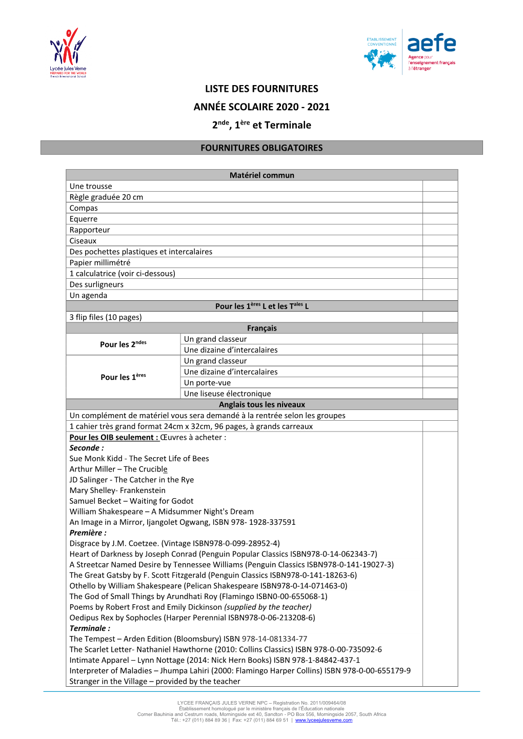 Liste Des Fournitures Année Scolaire 2020