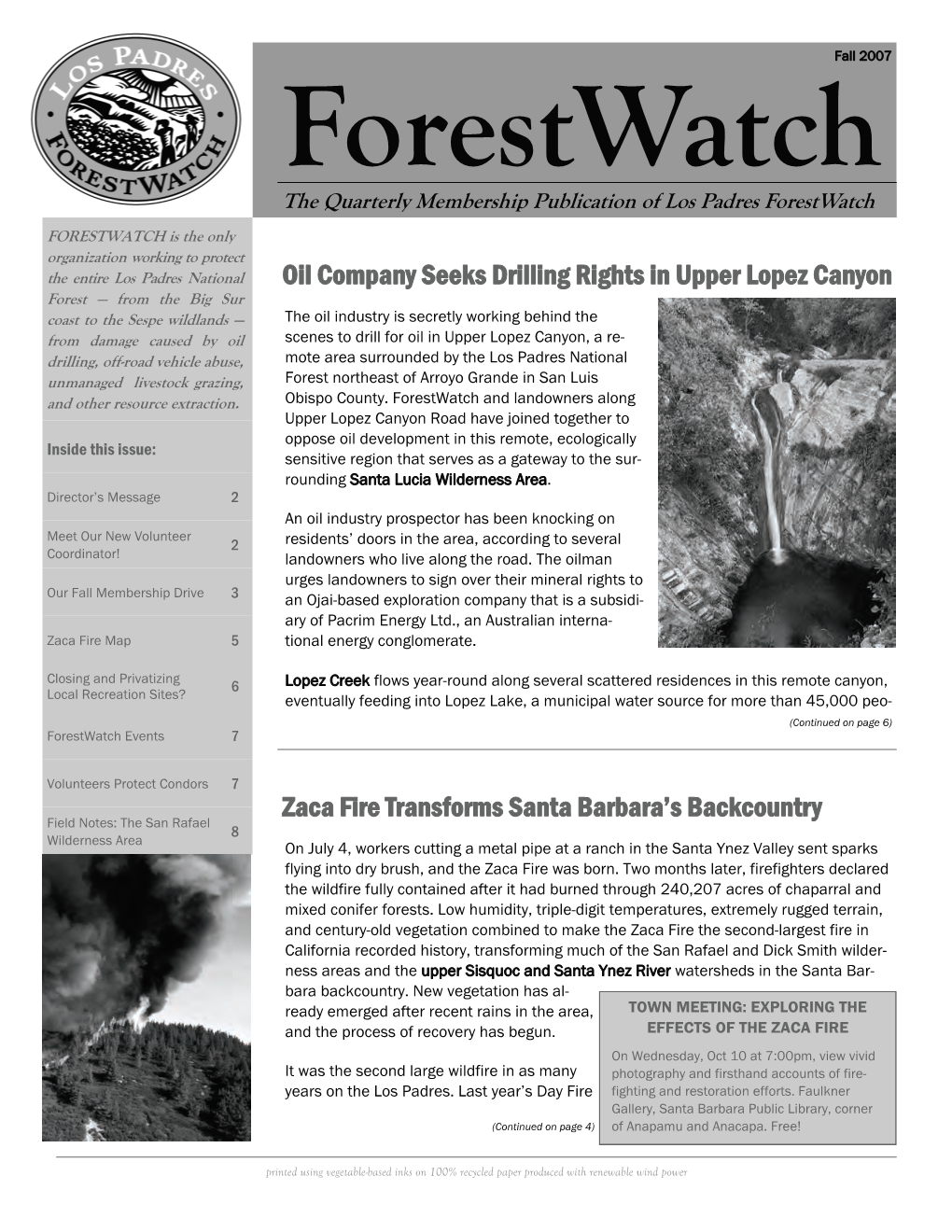 Fall 2007 Forestwatch the Quarterly Membership Publication of Los Padres Forestwatch