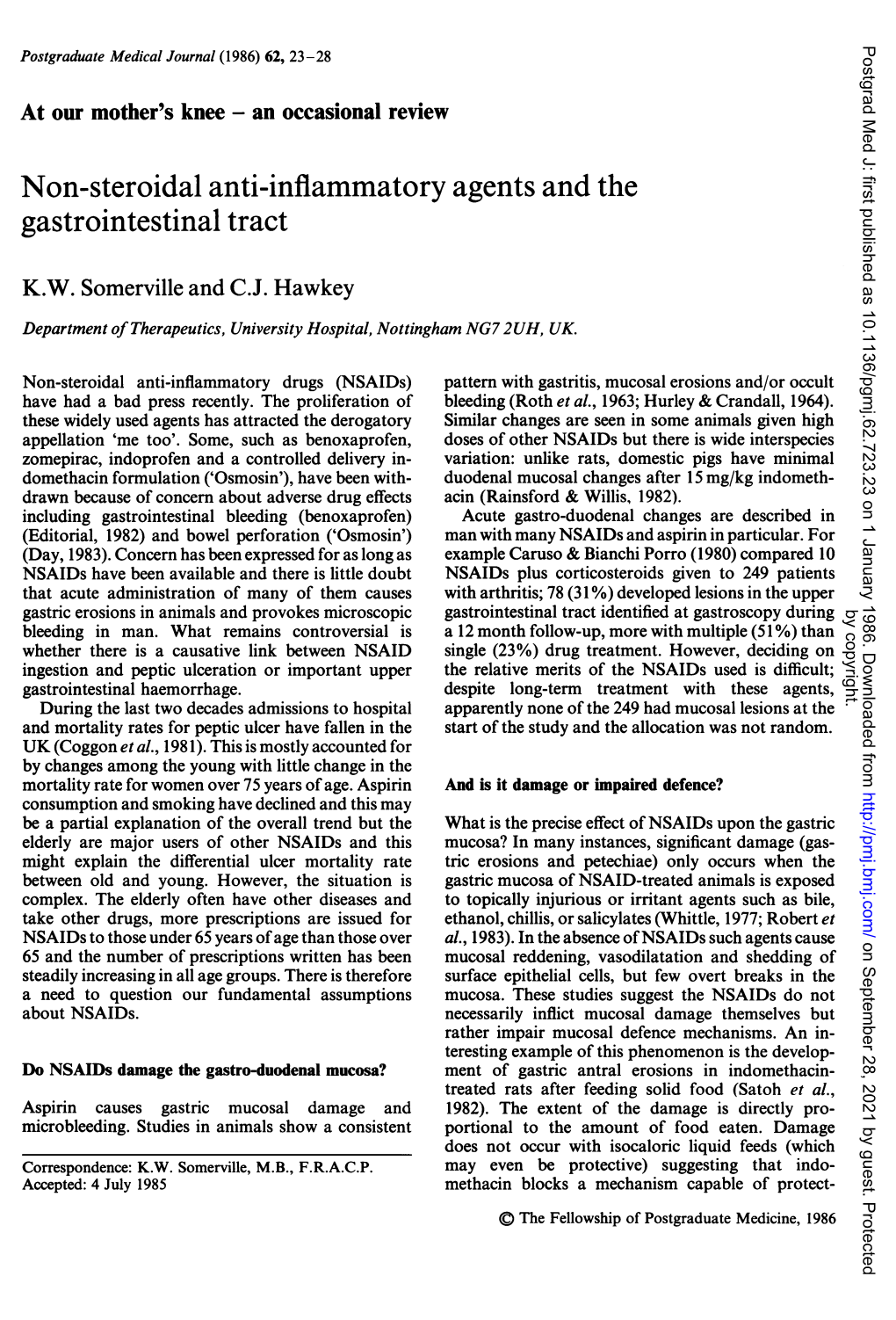 Non-Steroidal Anti-Inflammatory Agents and the Gastrointestinal Tract