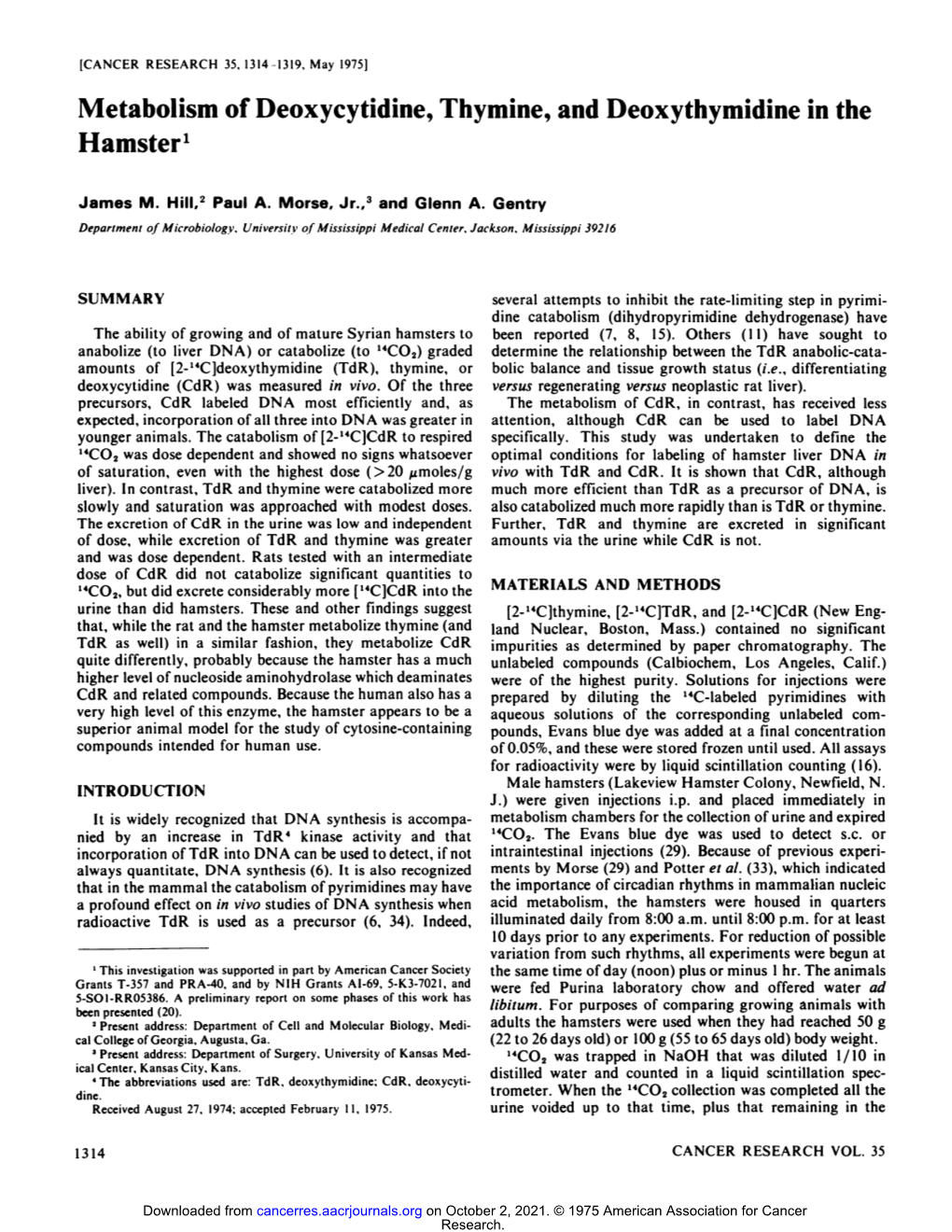 Metabolism of Deoxycytidine, Thymine, and Deoxythymidine in the Hamster1