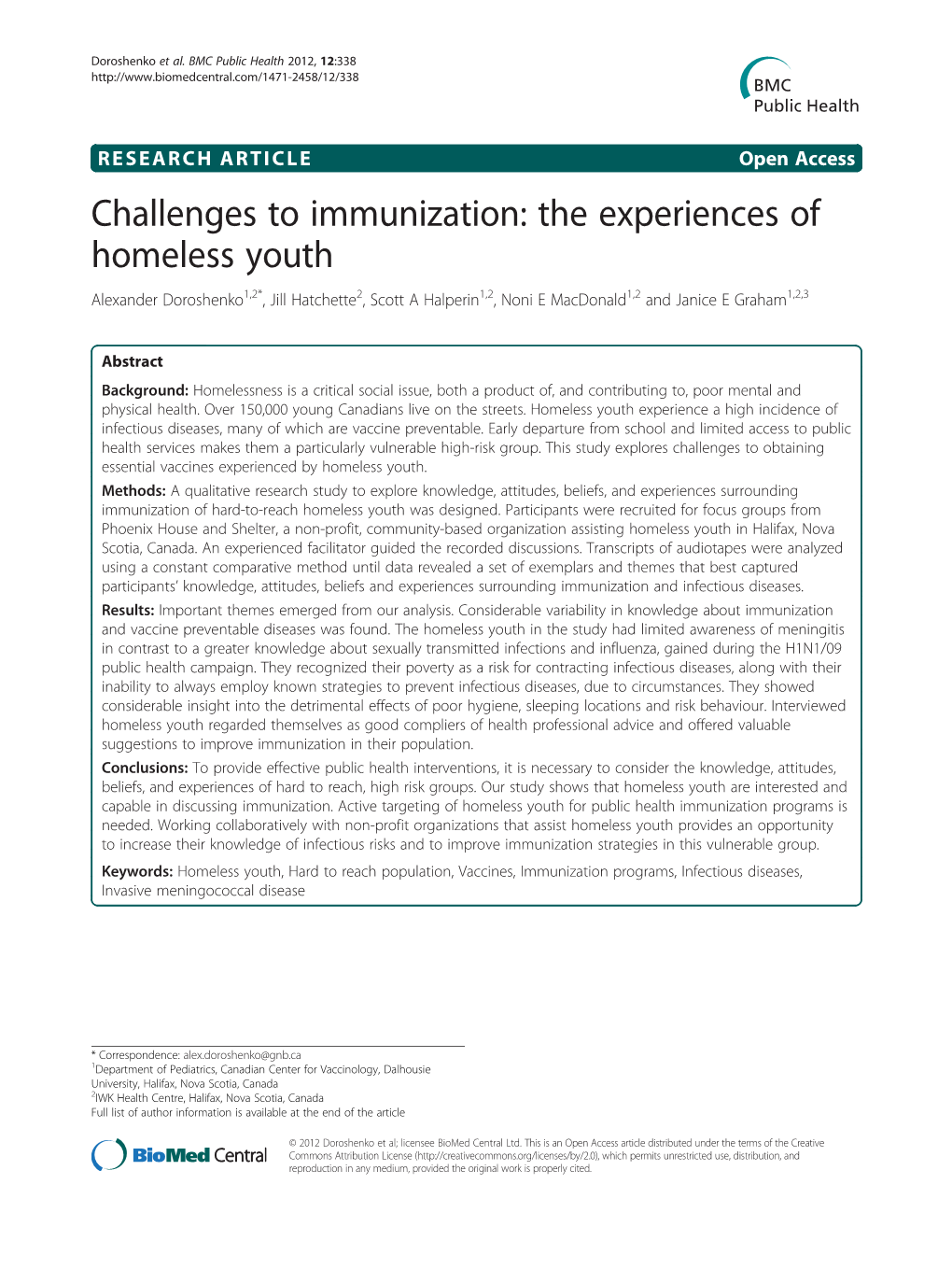 Challenges to Immunization: the Experiences of Homeless Youth