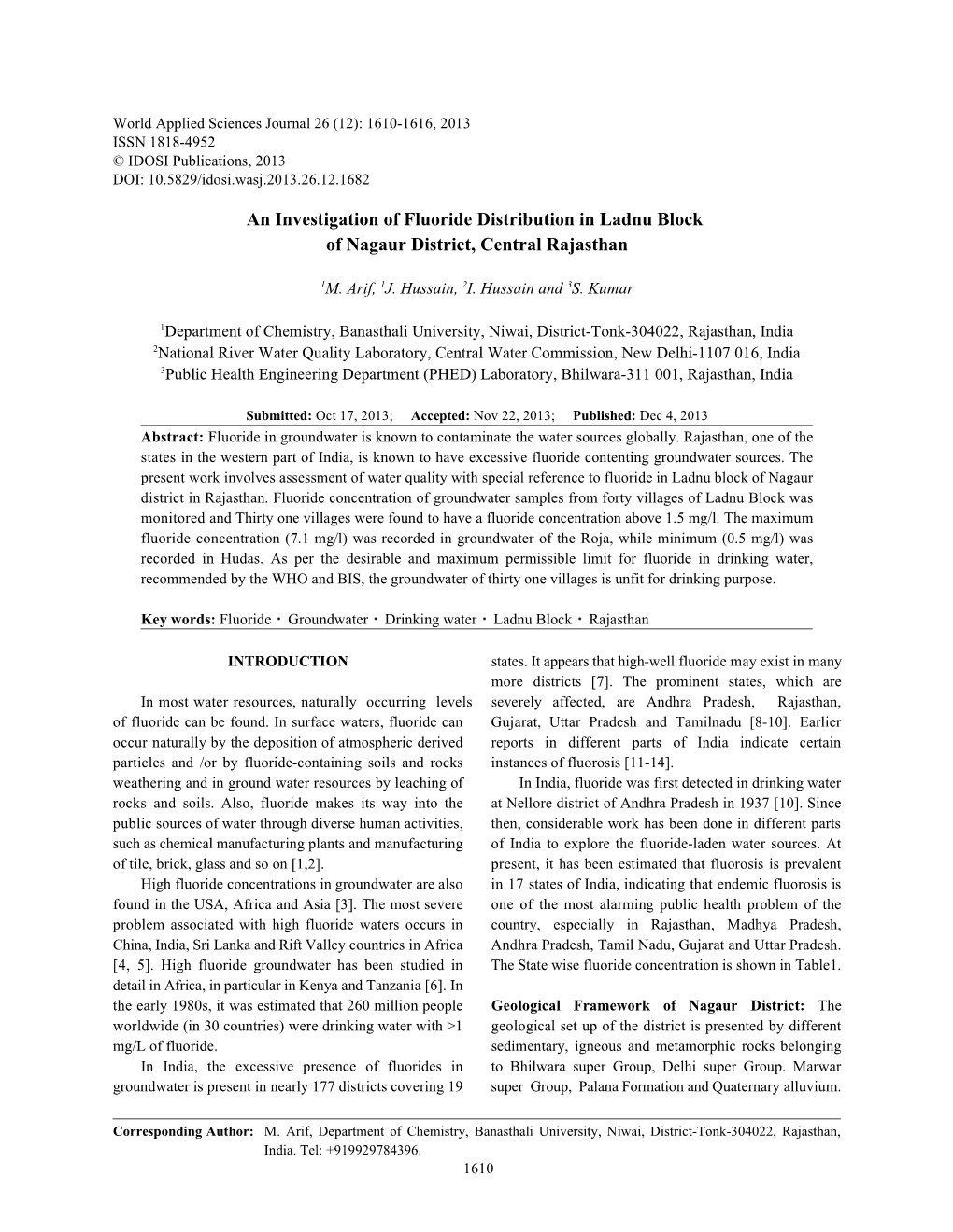 An Investigation of Fluoride Distribution in Ladnu Block of Nagaur District, Central Rajasthan