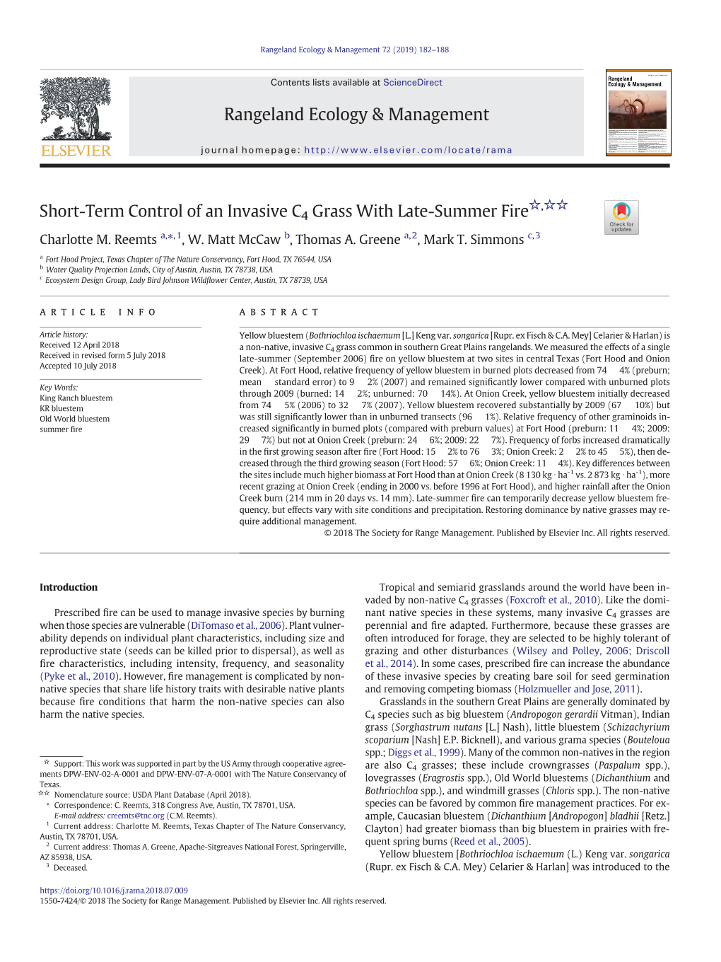 Short-Term Control of an Invasive C4 Grass with Late-Summer Fire Charlotte M