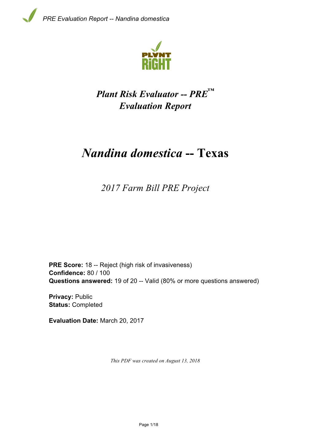 PRE Evaluation Report for Nandina Domestica