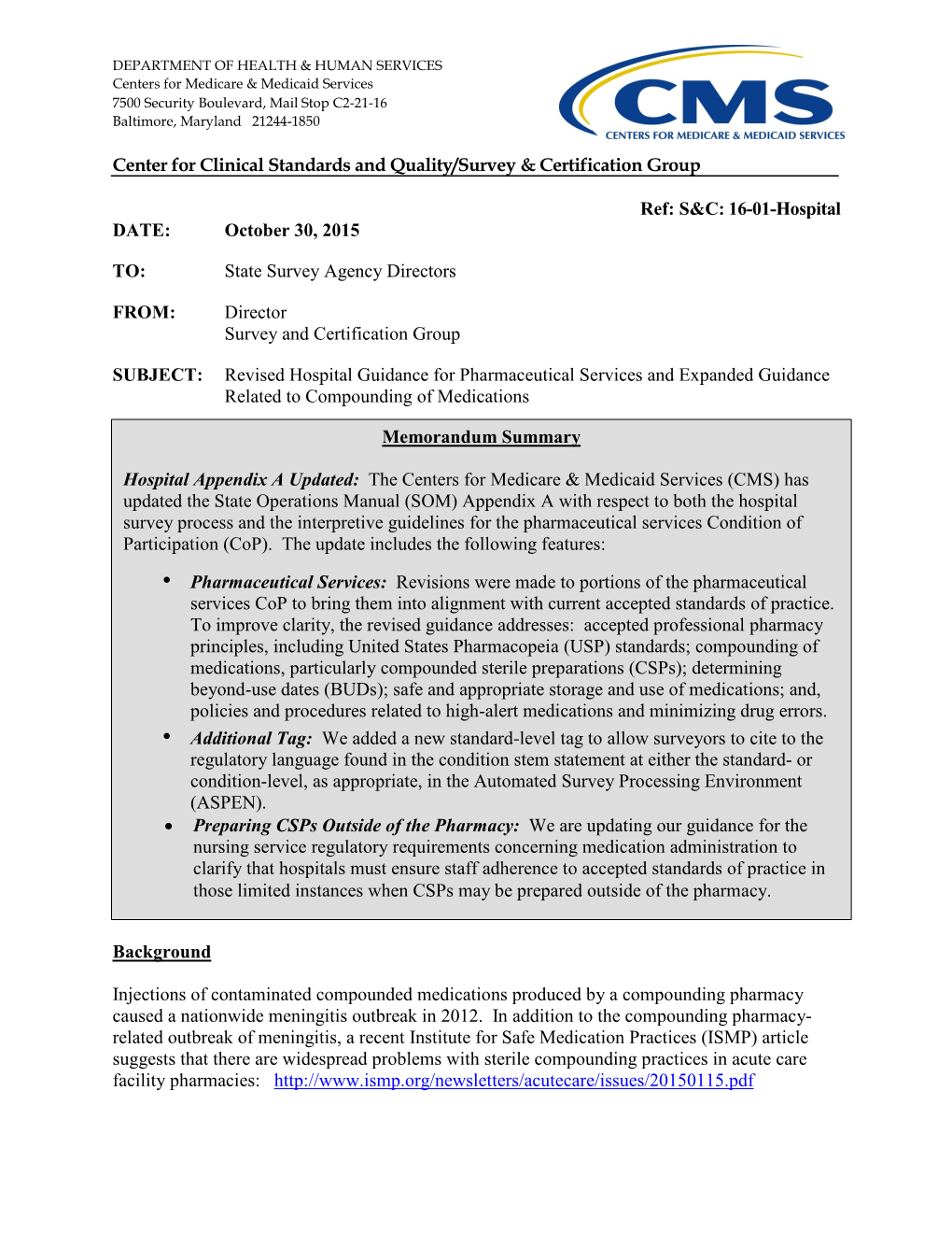 Revised Hospital Guidance for Pharmaceutical Services and Expanded Guidance Related to Compounding of Medications