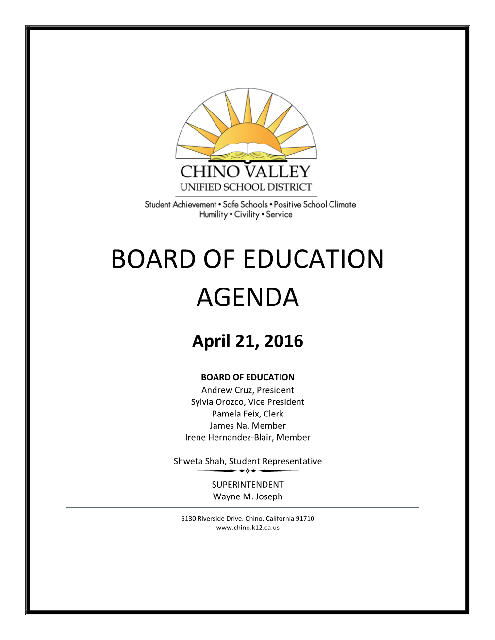 BOARD of EDUCATION AGENDA April 21, 2016