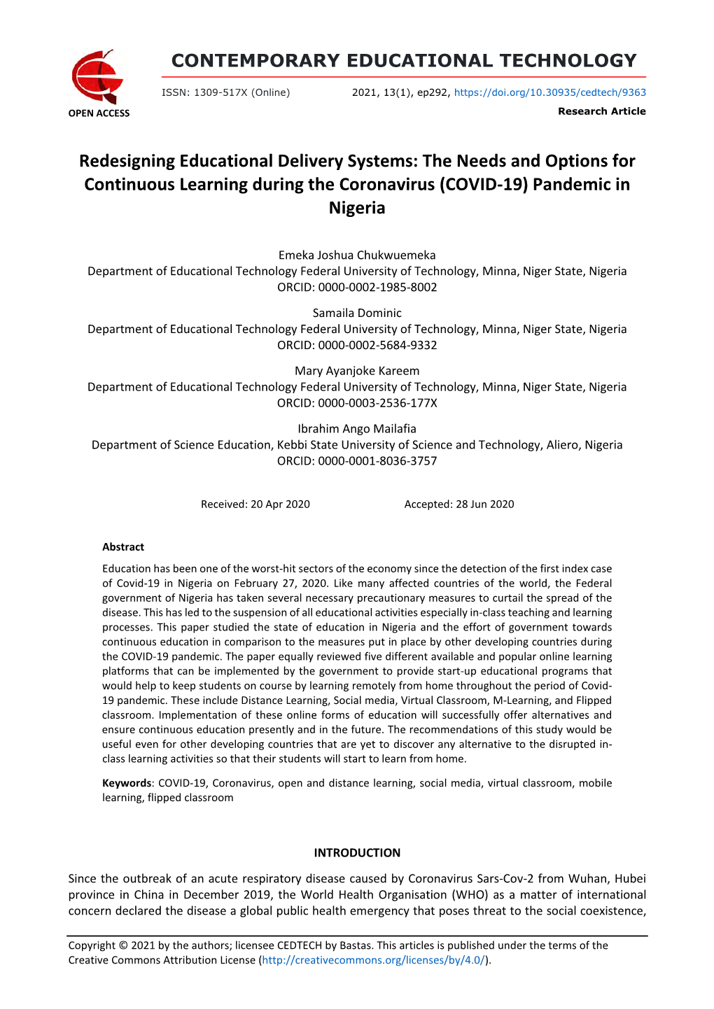 Redesigning Educational Delivery Systems: the Needs and Options for Continuous Learning During the Coronavirus (COVID-19) Pandemic in Nigeria
