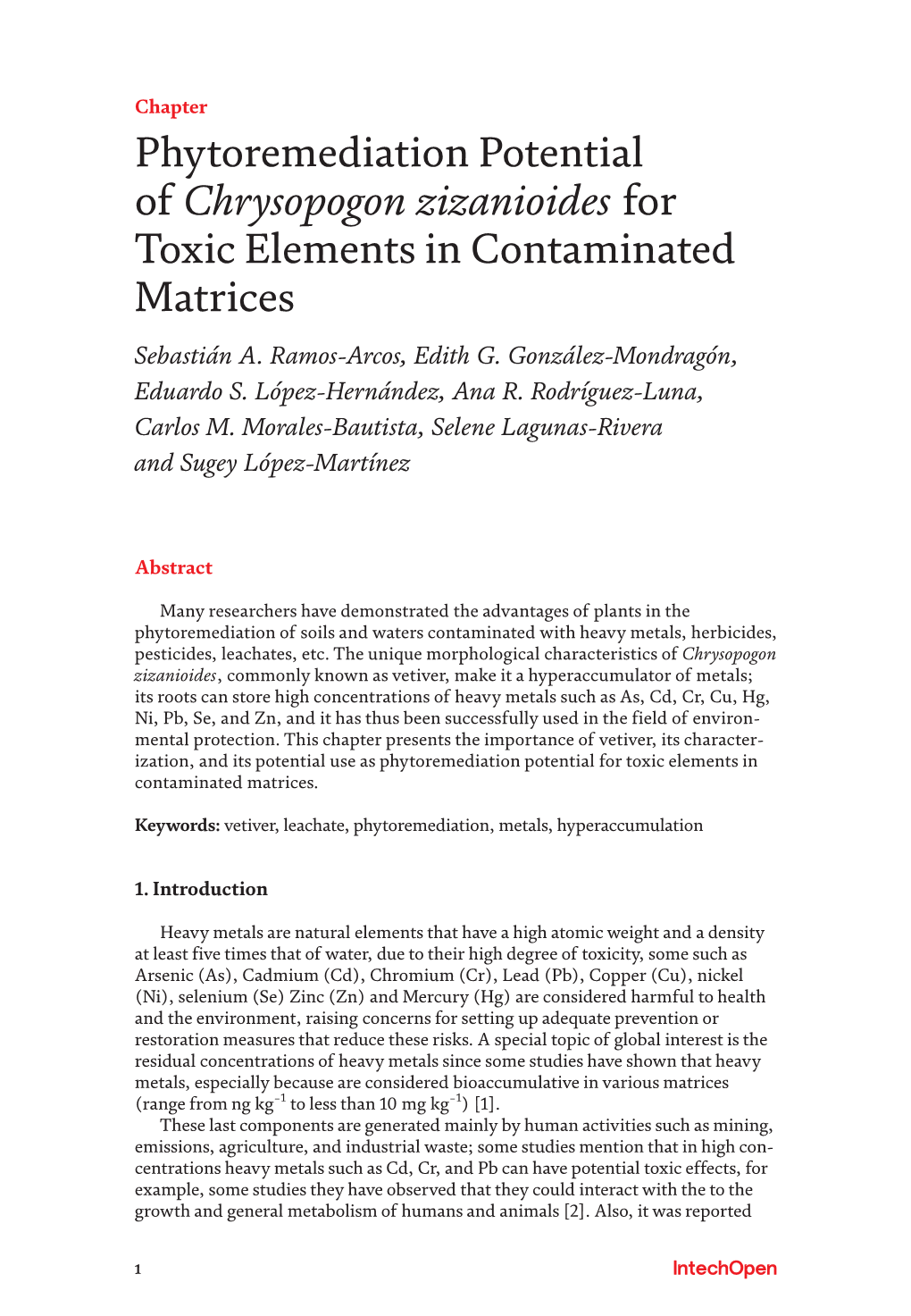 Phytoremediation Potential of Chrysopogon Zizanioides for Toxic Elements in Contaminated Matrices Sebastián A