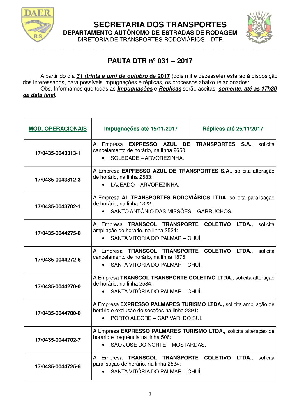 Secretaria Dos Transportes Departamento Autônomo De Estradas De Rodagem Diretoria De Transportes Rodoviários – Dtr ______