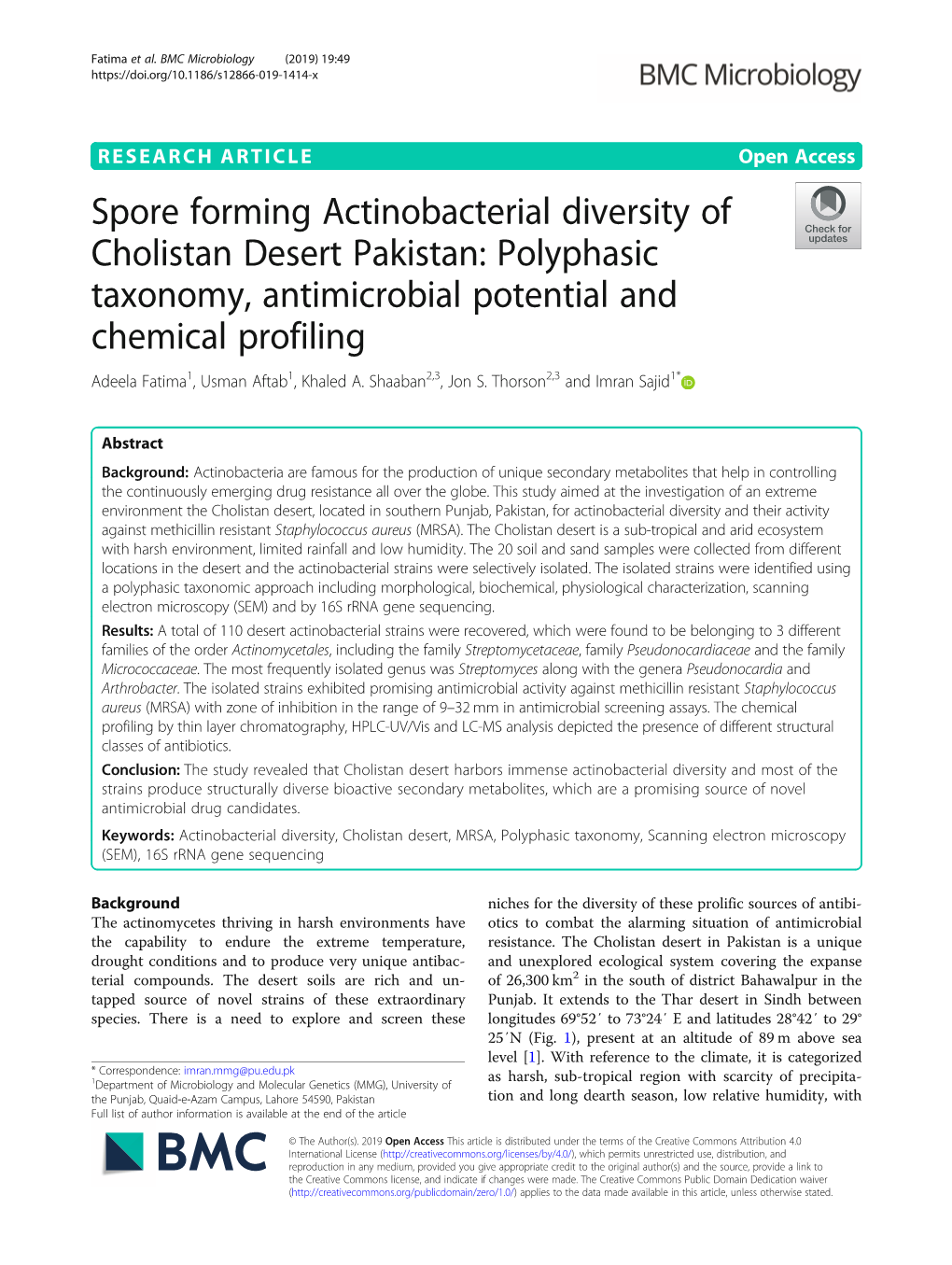 Spore Forming Actinobacterial Diversity of Cholistan Desert Pakistan