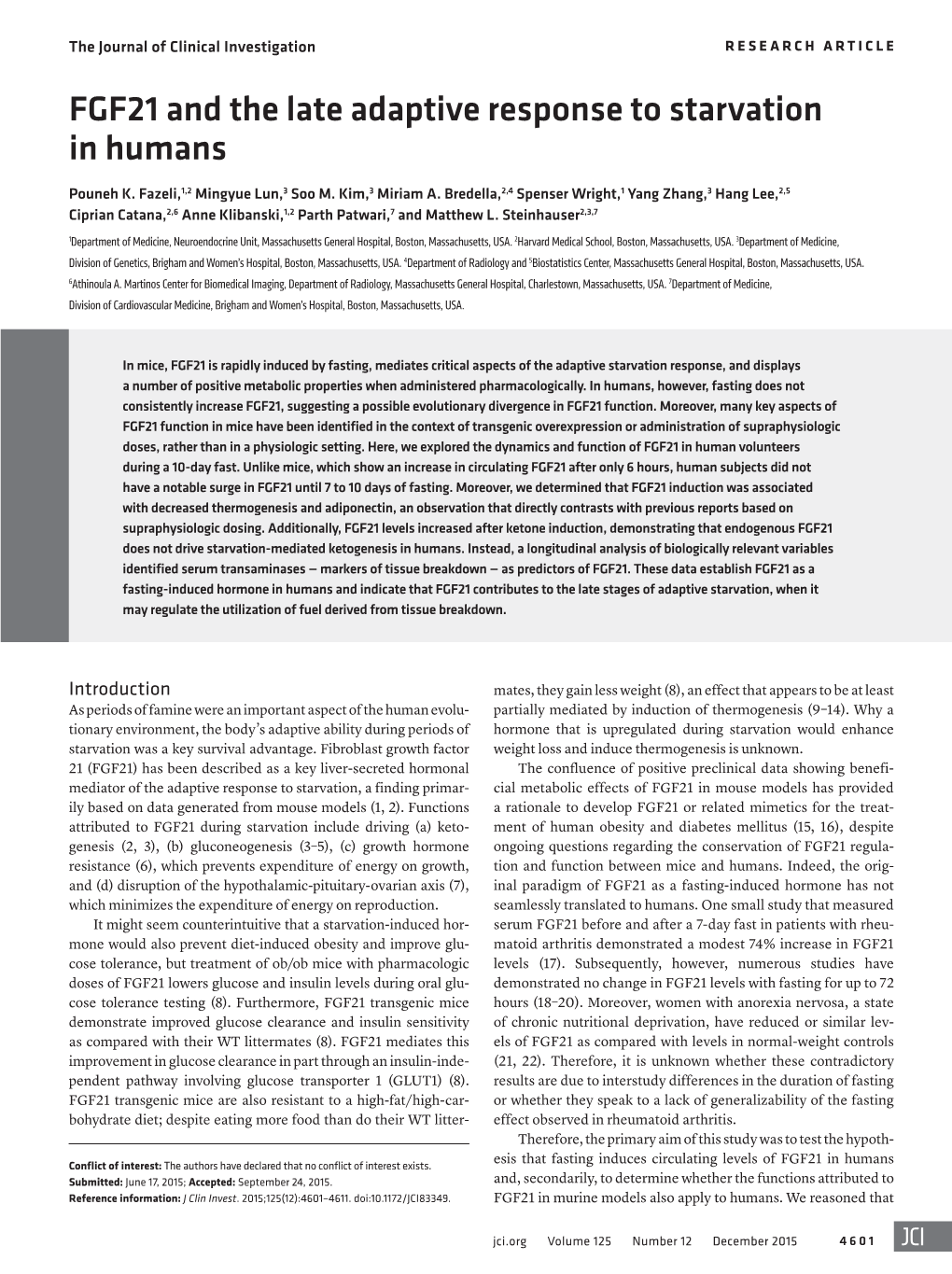 FGF21 and the Late Adaptive Response to Starvation in Humans